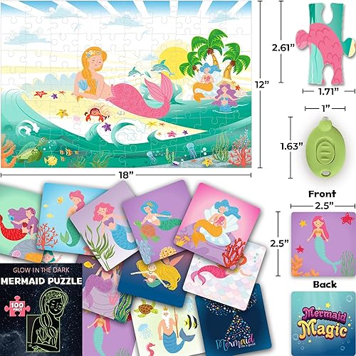 Miniatura 4 de Hapinest Rompecabezas de sirena de 100 piezas que brilla en la oscuridad para niños y niñas de 5, 6, 7, 8, 9, 10, 11, 12 años en adelante