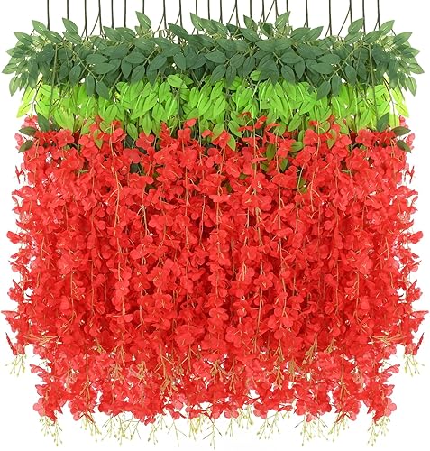 BLEUM CADE 10 flores colgantes de glicina roja, 3.6 piesunidad, flores de glicina falsas, guirnalda de glicina artificial colgante para bodas,