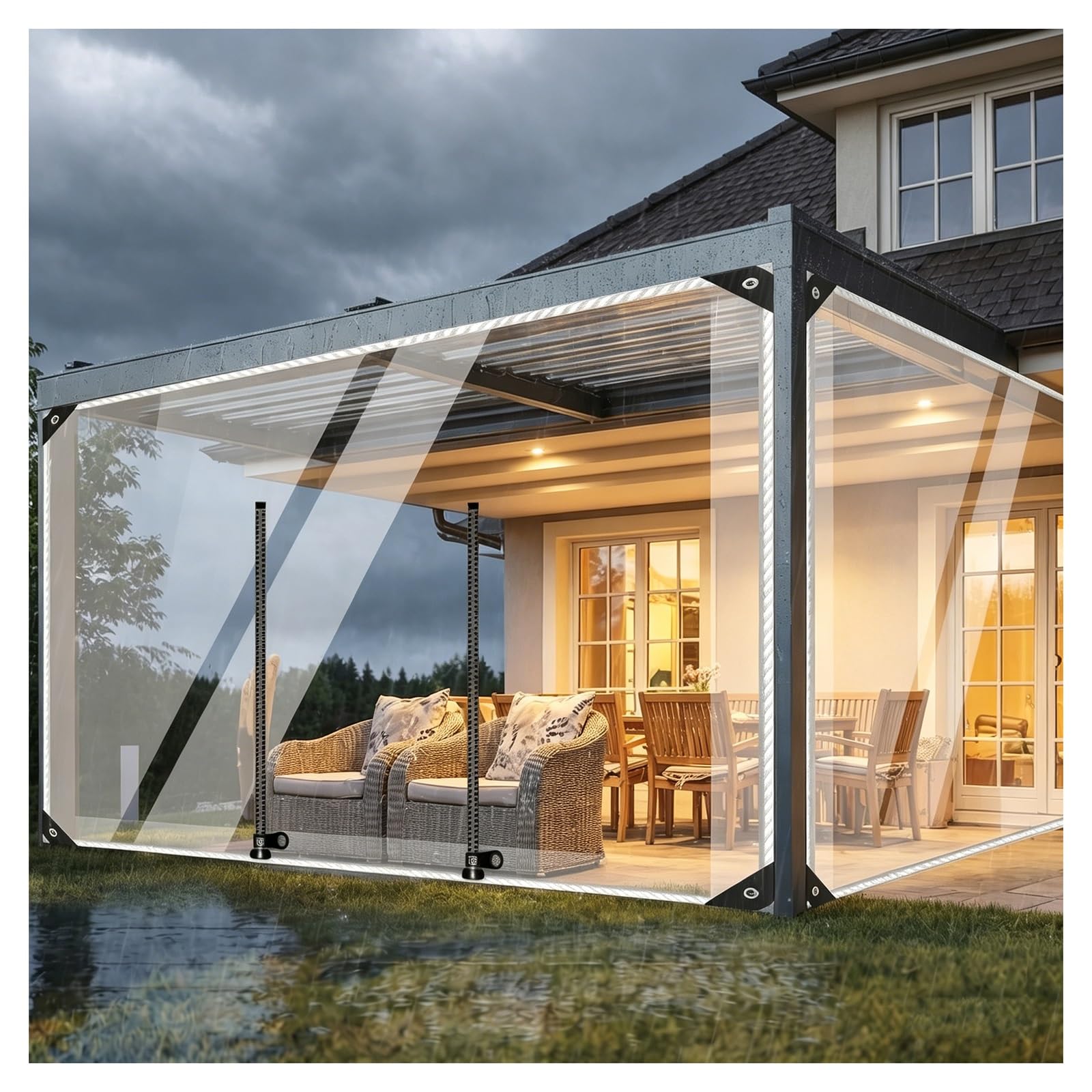 Outdoor Clear Tarp Curtain with zipper Door Waterproof Curtains Heavy Duty PVC Tarpaulin Panel for Pergola, Porch, Gazebo, Customizable，clear vinyl tarp，680g/m²(H2.4xW2m/H7.8xW6.5ft)