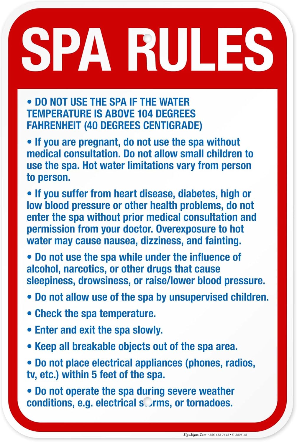 Spa Rules Sign, Pool Sign, 12x18 Inches, 55 mil Thick HDPS (high Density polystyrene), Made in USA