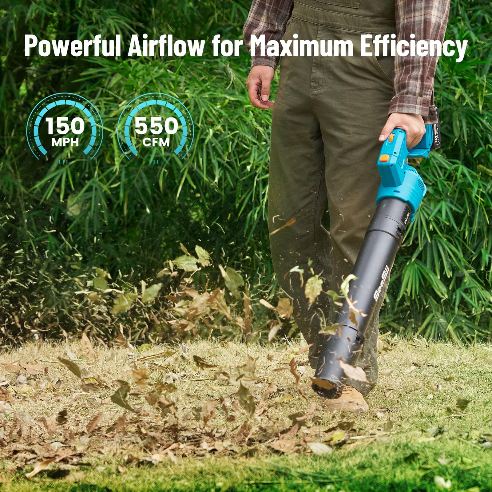 SEESII Souffleur à feuilles sans fil avec 2 batteries de 4,0 Ah et chargeur, 5 niveaux de rotation, souffleur électrique d'extérieur pour jardinage, nettoyage des feuilles, léger pour cour, terrasse