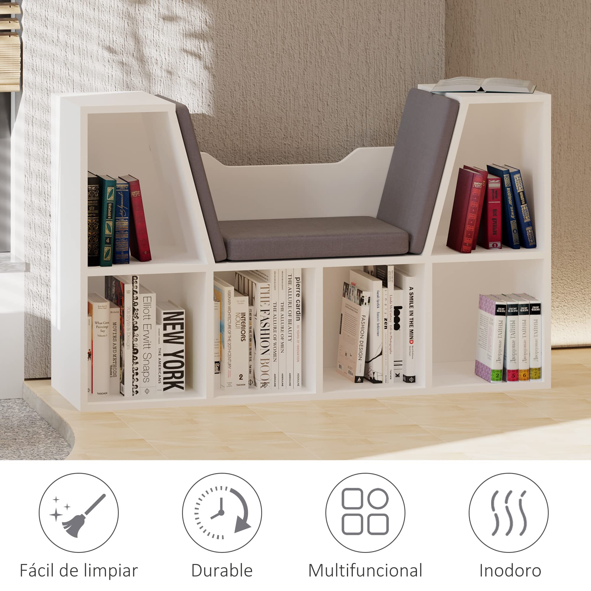 HOMCOM Librería con Asiento, Estantería de Libros con 6 Cubos, Estantería Almacenamiento con Banco con Cojín, Multiusos para Sala de Estar, Oficina, Dormitorio, 102x30x61cm, Blanco y Gris