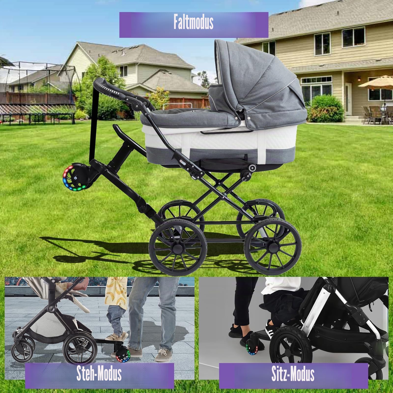 Buggy Board mit LED-Blitzräder, Trittbrett Mitfahrbrett Universal mit Sitz, Kiddy Board für 2-6 Jahre alte Kinder(Belastung 25 kg), Buggy Board für alle Kinderwagen