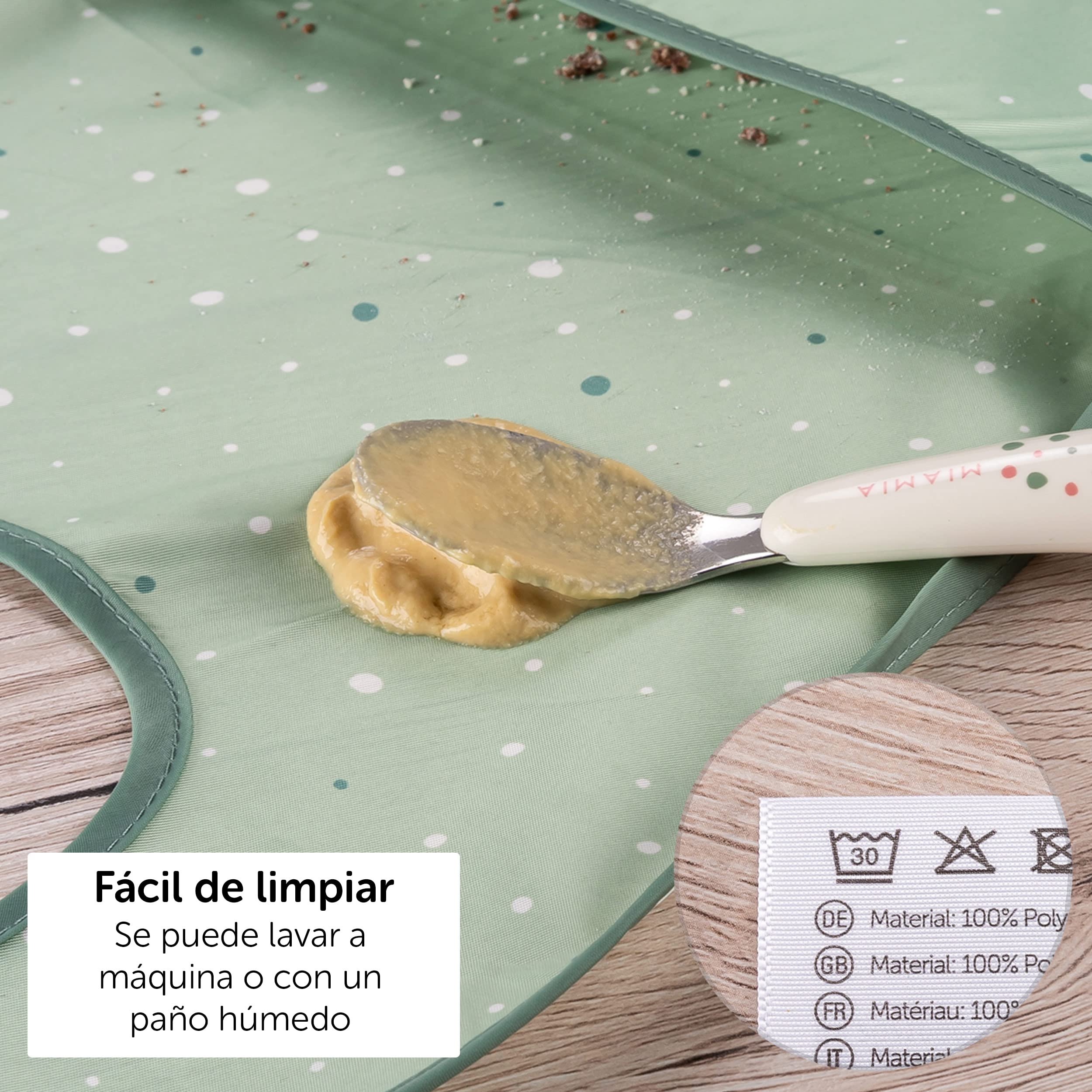 MiaMia Pack de Baberos Bebe Impermeables Guarderia 5 Ud, Pechitos Bebe Impermeables, Babero sin Mangas, Baberos Plastificados con Certificado Öko Tex Standard - Verde