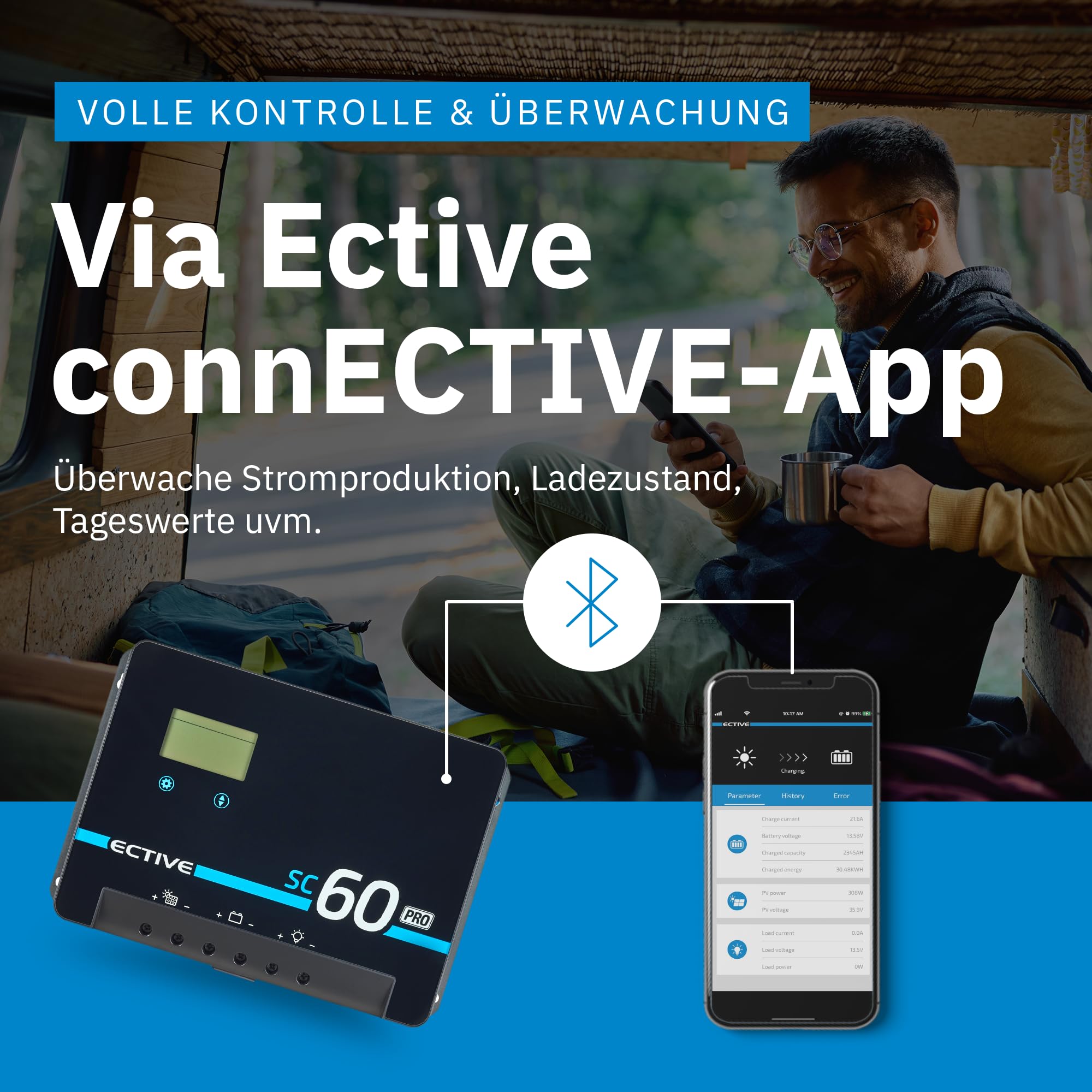 Produktbild von ECTIVE SC 60 PRO MPPT-Solar-Laderegler – 60A, 150V, Bluetooth, Passend Für Alle Batterietypen (AGM, GEL, LiFePO₄), ECE R10