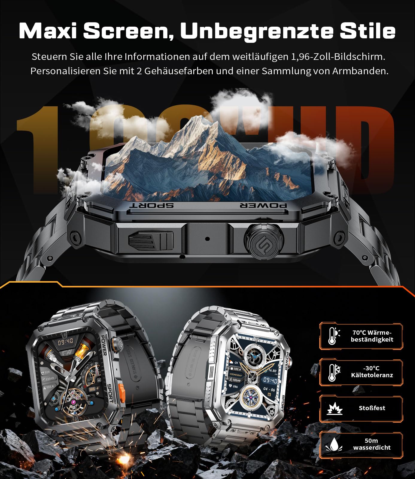 ESFOE Reloj Inteligente Hombre(3 Correas),1.96" Militar Smartwatch Hombre con Llamadas,5ATM Impermeable, 400mAh, 100+ Modos Deportivos/24H Pulsómetro/Sueño/Podómetro Pulsera Actividad Negro Metalizado