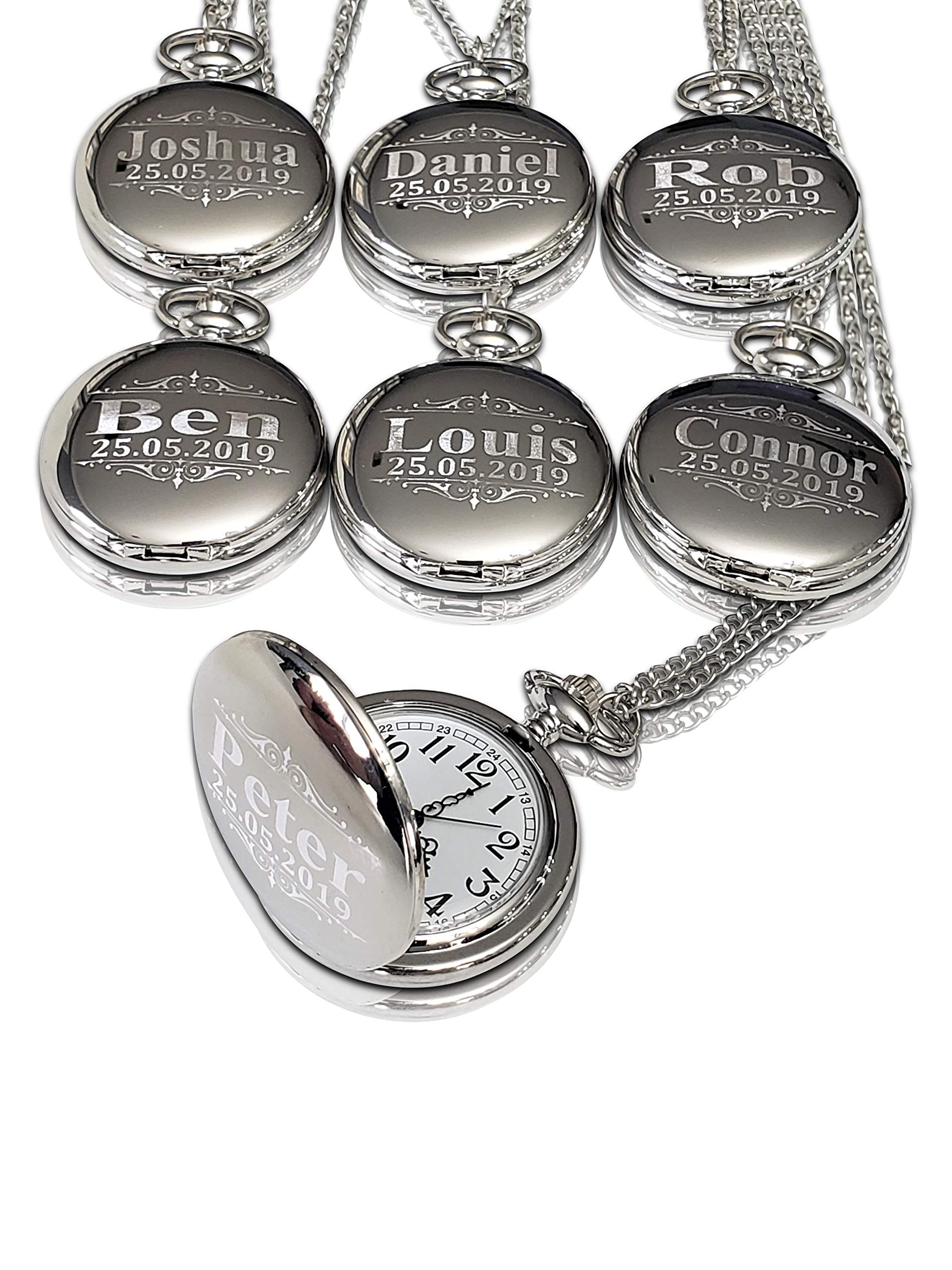 6 Pocket Watch Set - Personalized Unique Wedding Gift for Men and Women - Boxes, Chain and Engraving is Included (Silver)