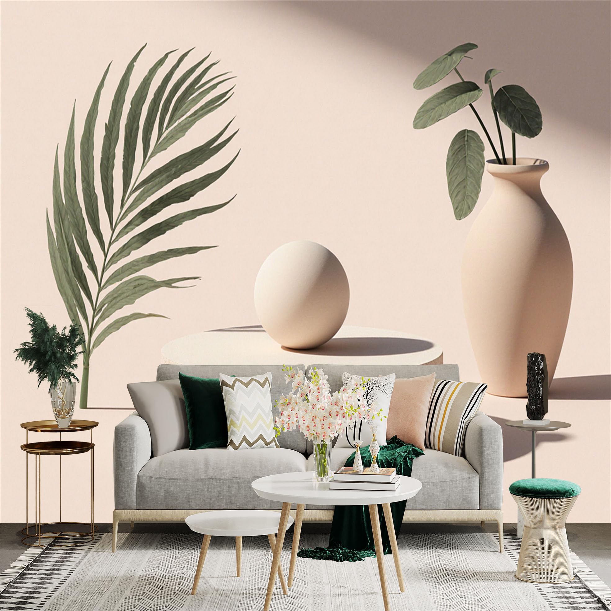 Custom Size Wall Sticker Mural， Minimalist Beige Podium with Tropical Leaf， Ceramic Vase and Stone Sphere， for wall Decoration， peelandstick wall Decals.