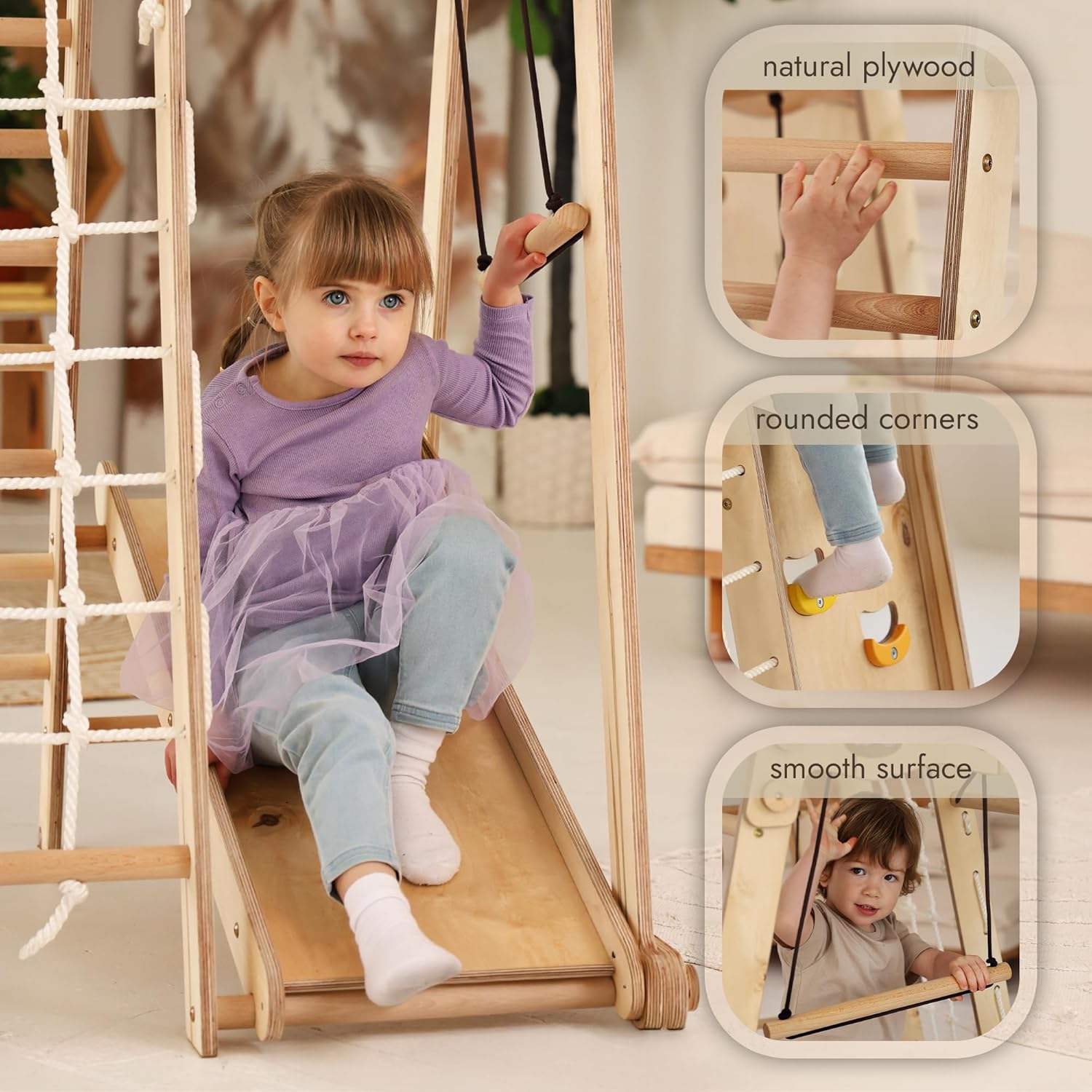 Goodevas Improves 9-in-1 Indoor Climbing Frame for Kids, Montessori Climbing Frame with Slide, Swing, Climbing Wall, Climbing Triangle - Playground for Nursery