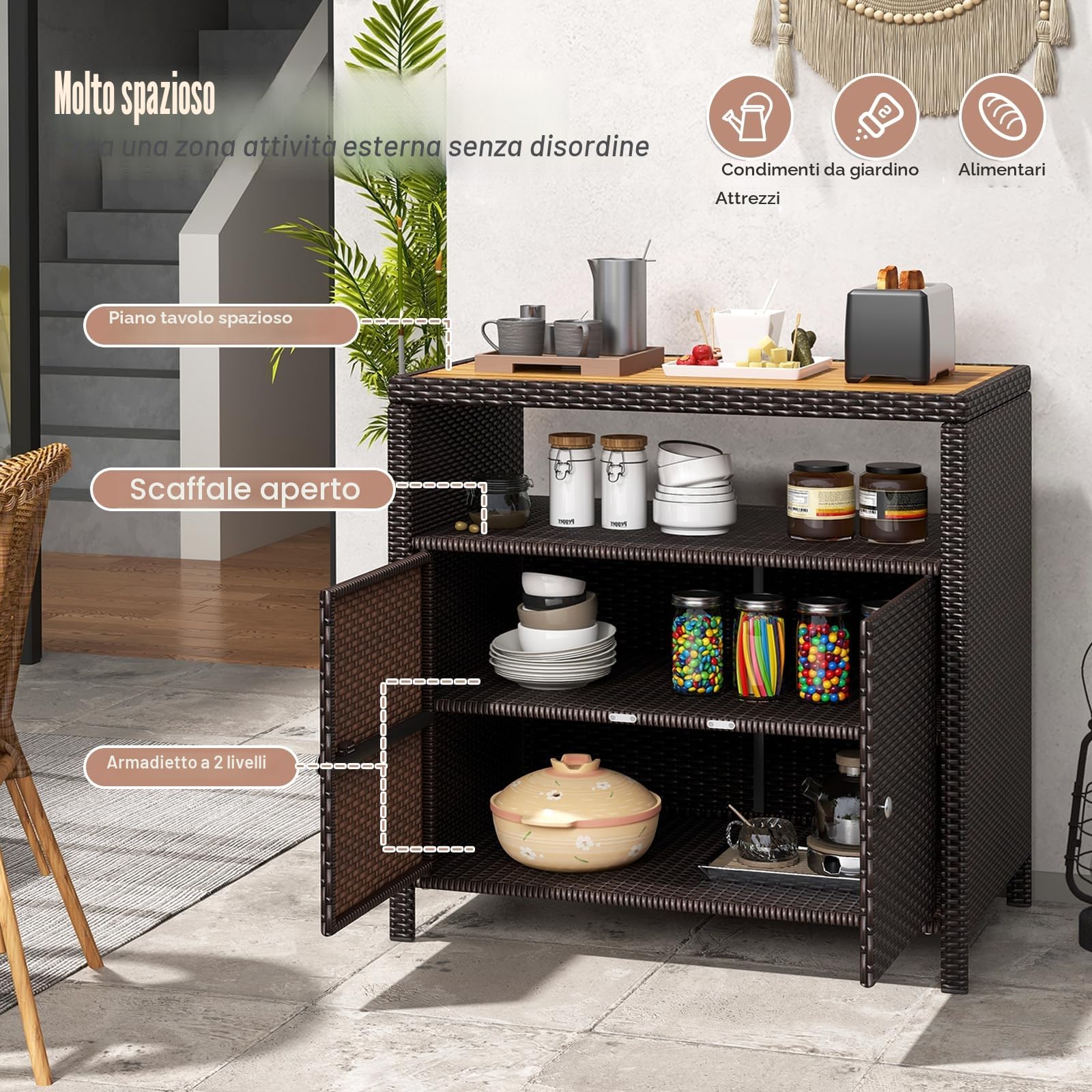 KOMFOTTEU Armadio da Esterno Impermeabile in Rattan 90x53x86 cm Marrone