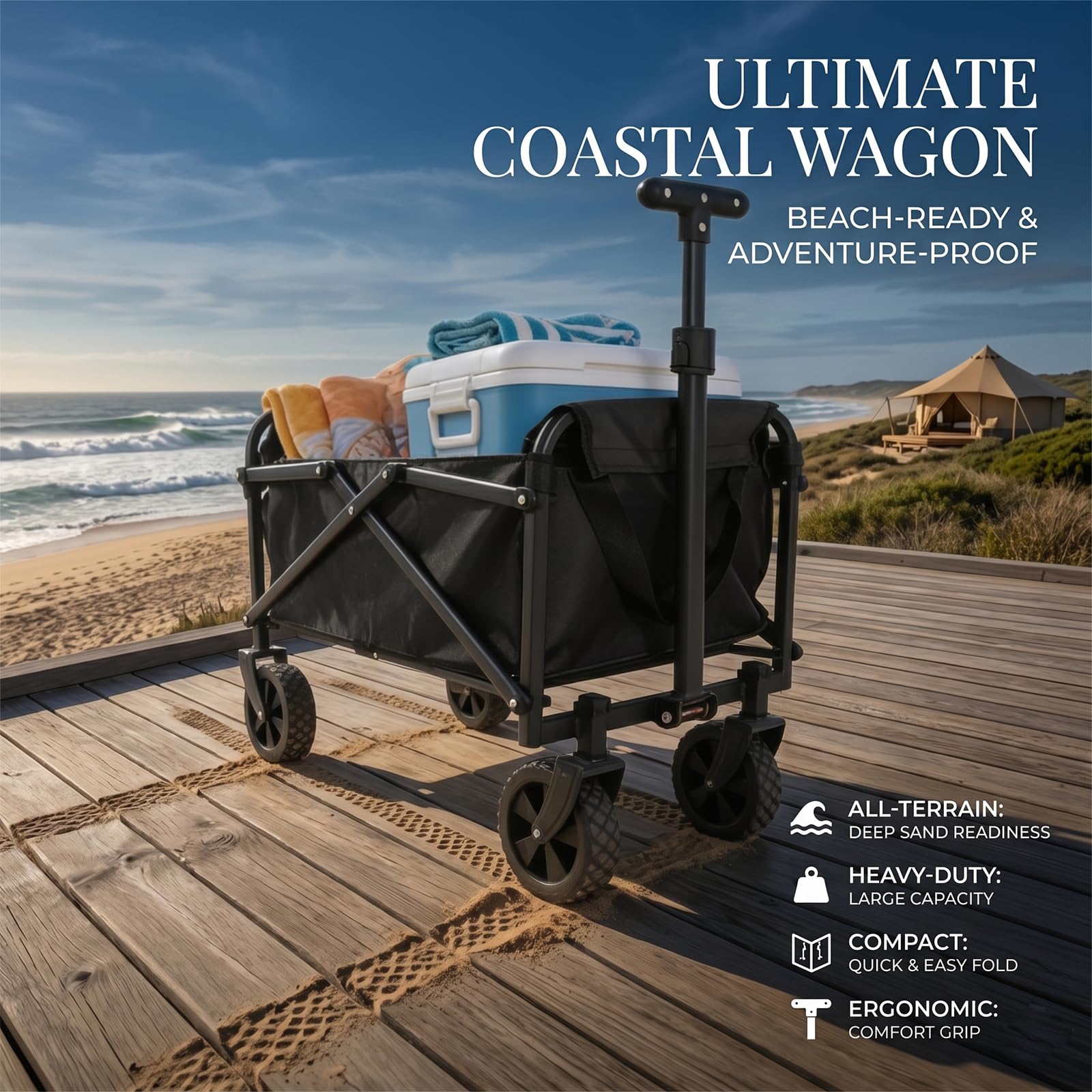 Chariot de camping pliable 120 l avec tissu amovible pour plage et jardin, chariot de transport de 50 kg avec poignée réglable