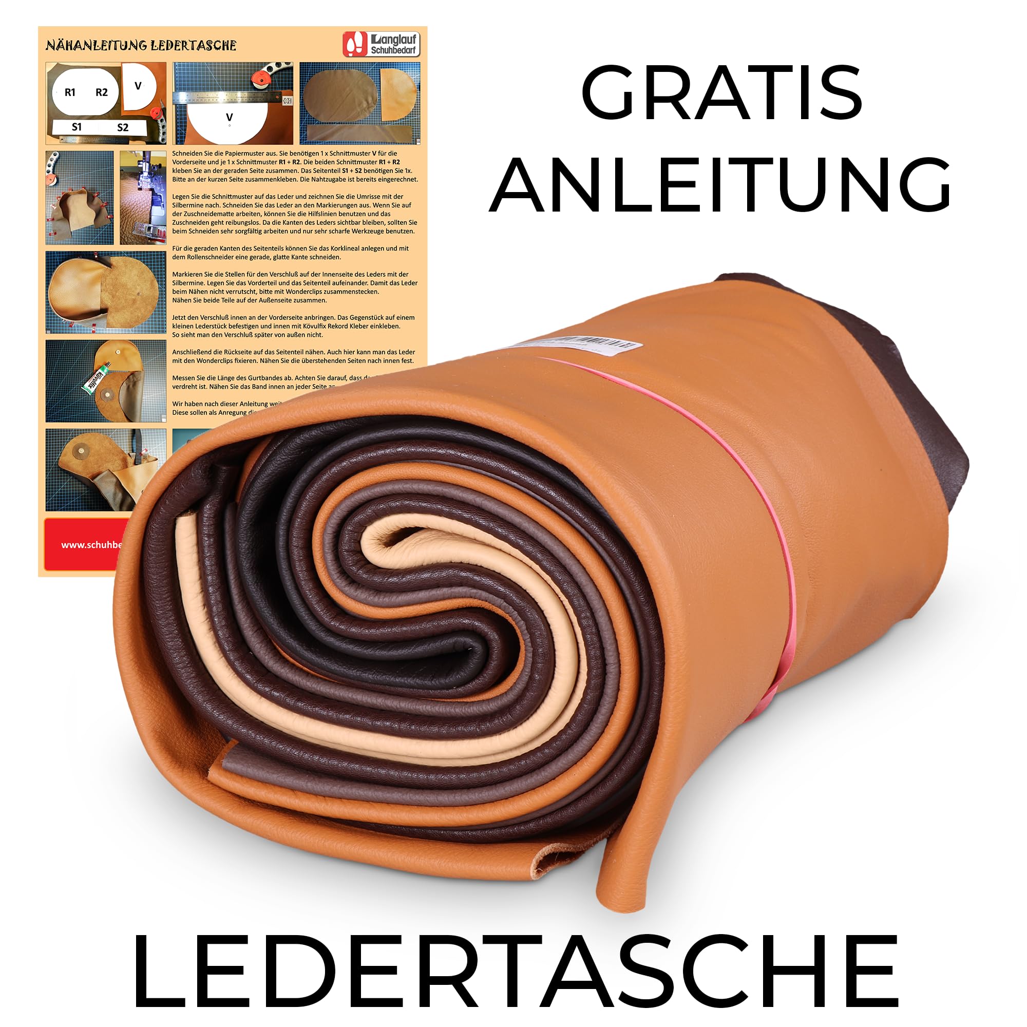 Langlauf Schuhbedarf ® - Retales de piel extragrandes (1 kg), color marrón. Todas las piezas son de un Tamaño mínimo DIN A3, incluye instrucciones para patucos (idioma español no garantizado)