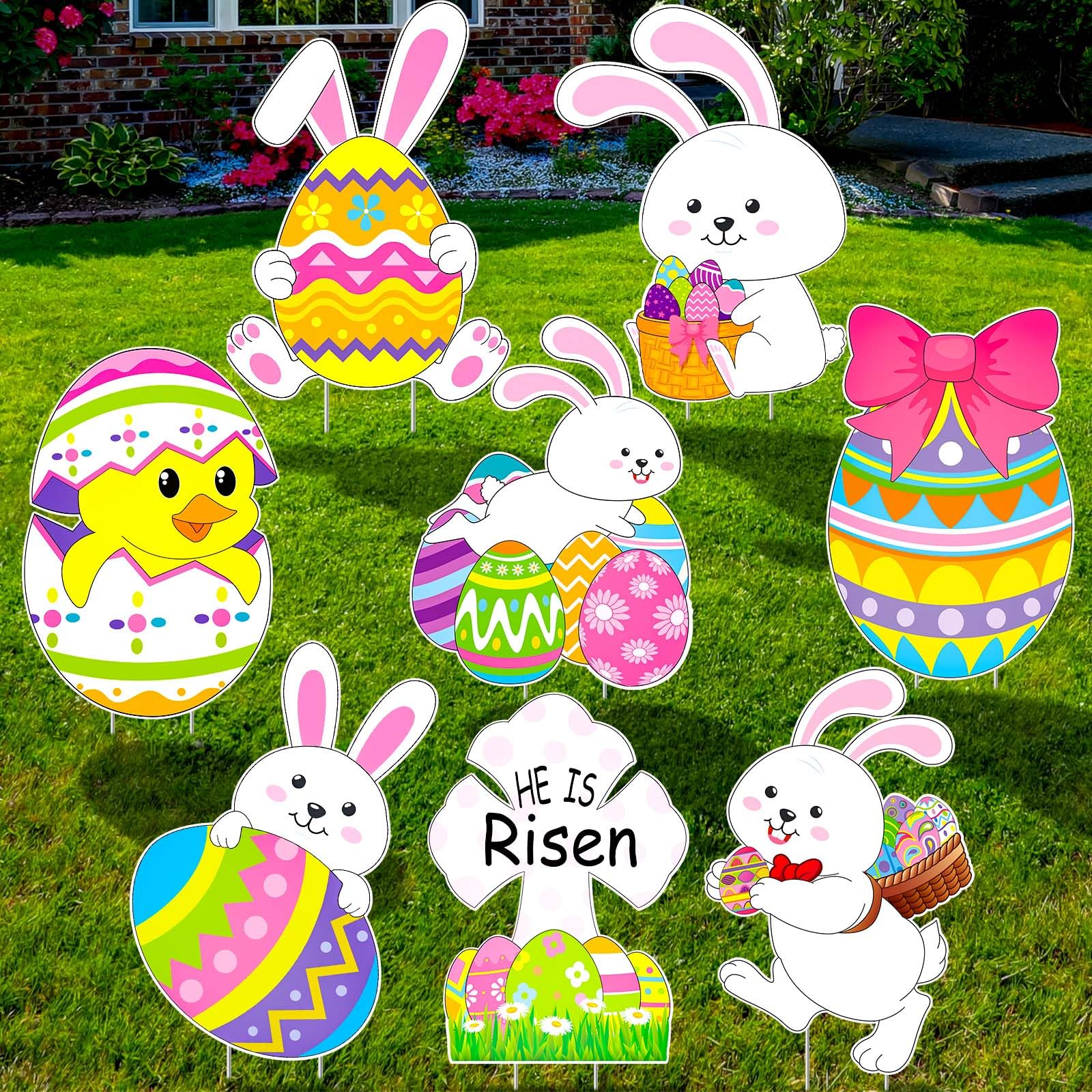8 Pack Easter Yard Decoration Bunny Eggs Sign Colorful Waterproof Easter Yard Stakes Weather Resistant Outdoor Ornaments Garden Decorations with Stakes for Lawn Garden Decor