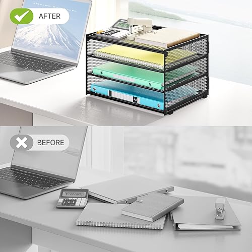 Miniatura 2 de Lavatino Bandeja organizadora de papel de escritorio de 3 niveles, bandeja de archivos de metal de malla negra para escritorio, suministros de