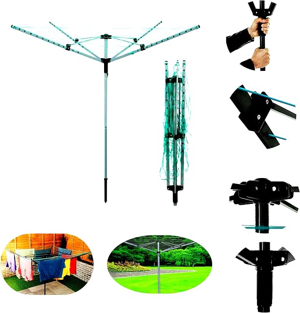 Sizi Ltd 50m Heavy Duty High Garden Spike 4 Arm Rotary Airer Washing Clothes Line Rack Wall Mounted Pole Powder Coated Steel Folding Laundry Outdoor Support Prop