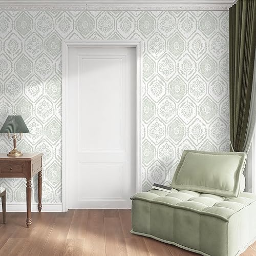Miniatura 8 de HeloHo Papel tapiz de despegar y pegar, papel de pared verde y blanco, papel tapiz autoadhesivo extraíble moderno de granja para dormitorio, baño,