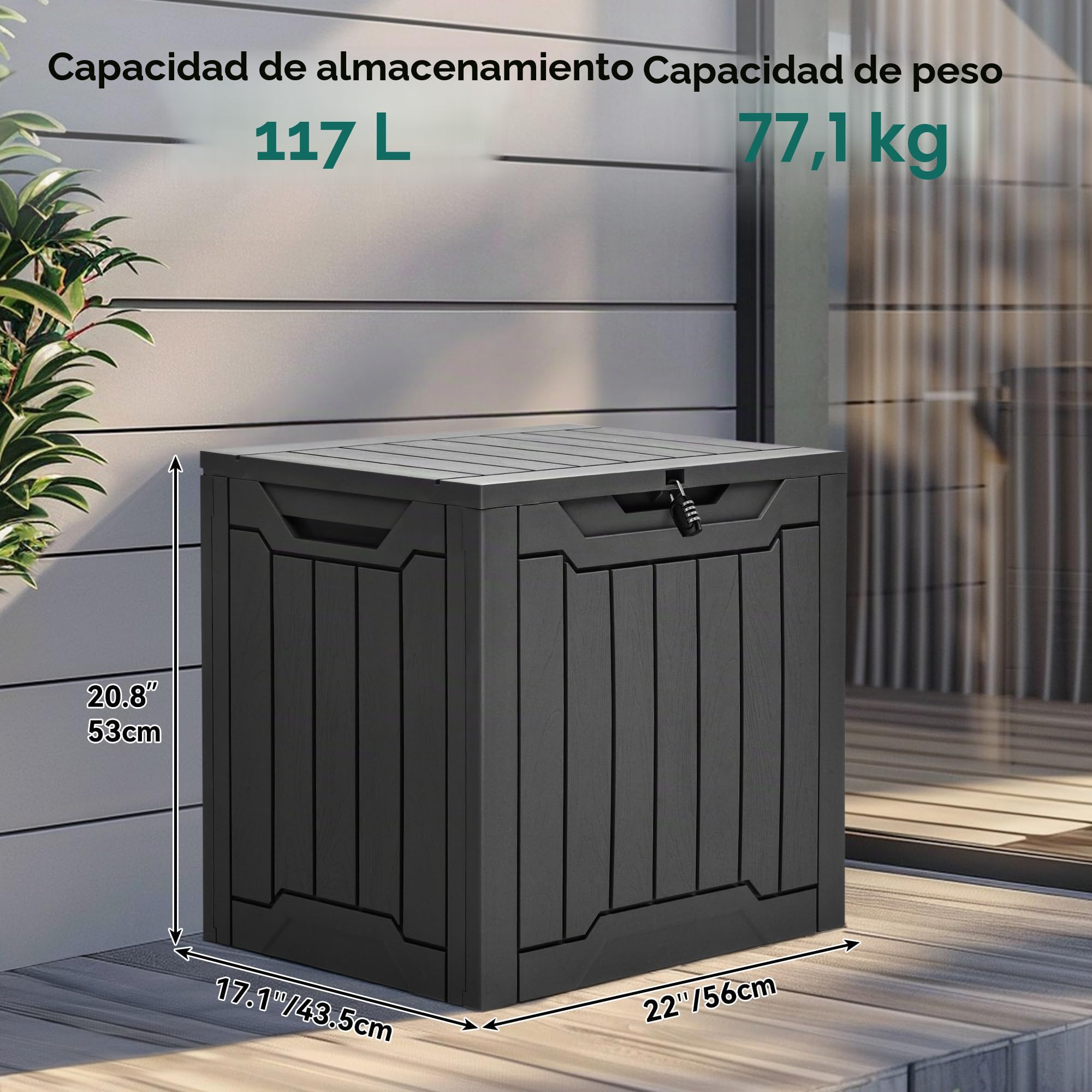 YITAHOME Caja de almacenamiento de resina para exteriores, 31 galones, resistente al agua, caja de almacenamiento para exteriores, para almohadas, equipo de jardín, con cerradura segura, color negro