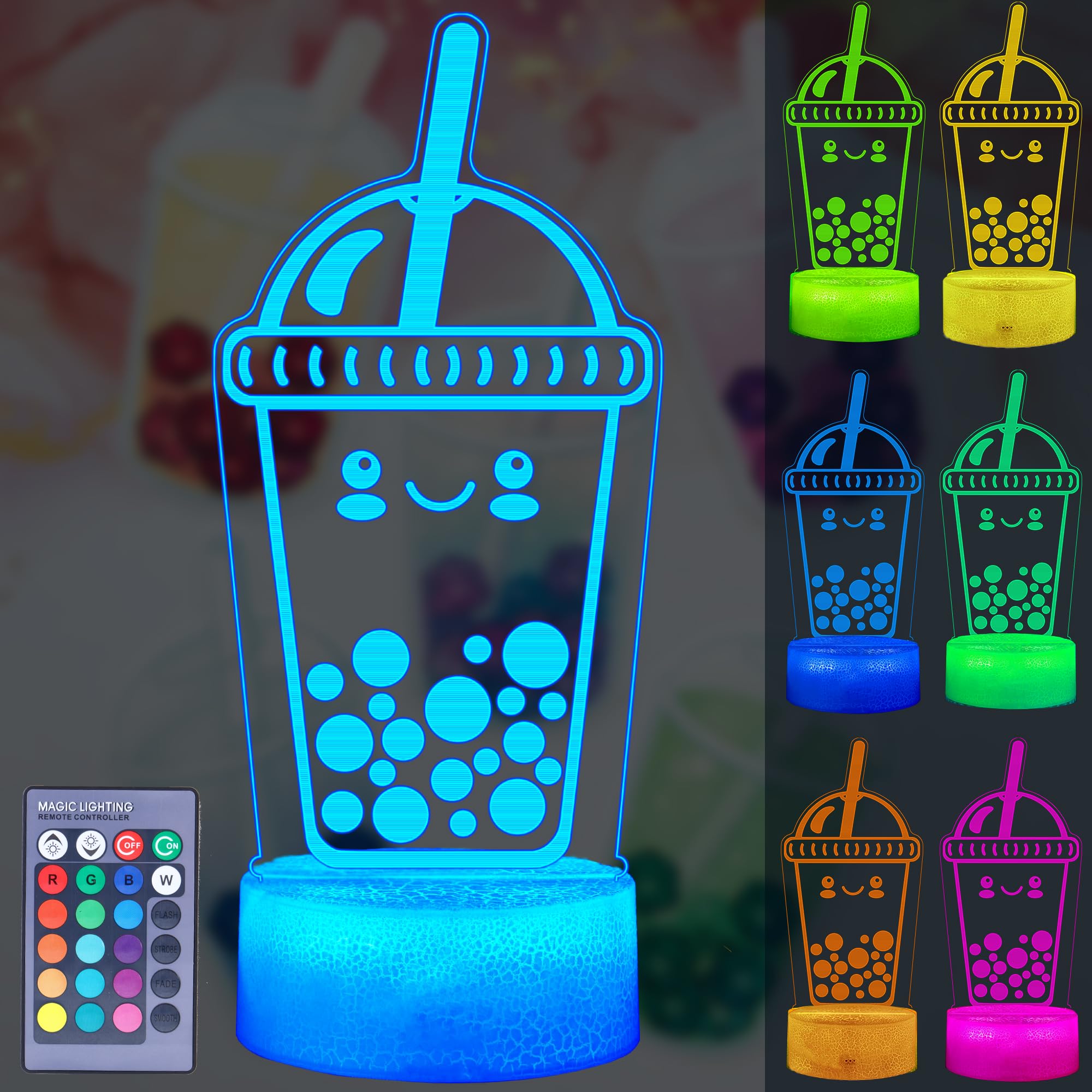 Posshe Boys Boba Milk Tea Boba Lamp, Boba Gifts, Boba 3D Night Light With Remote Control, 16 Color Changing, Rgb Flicker Mode, Dimmable, Gifts For And Girls
