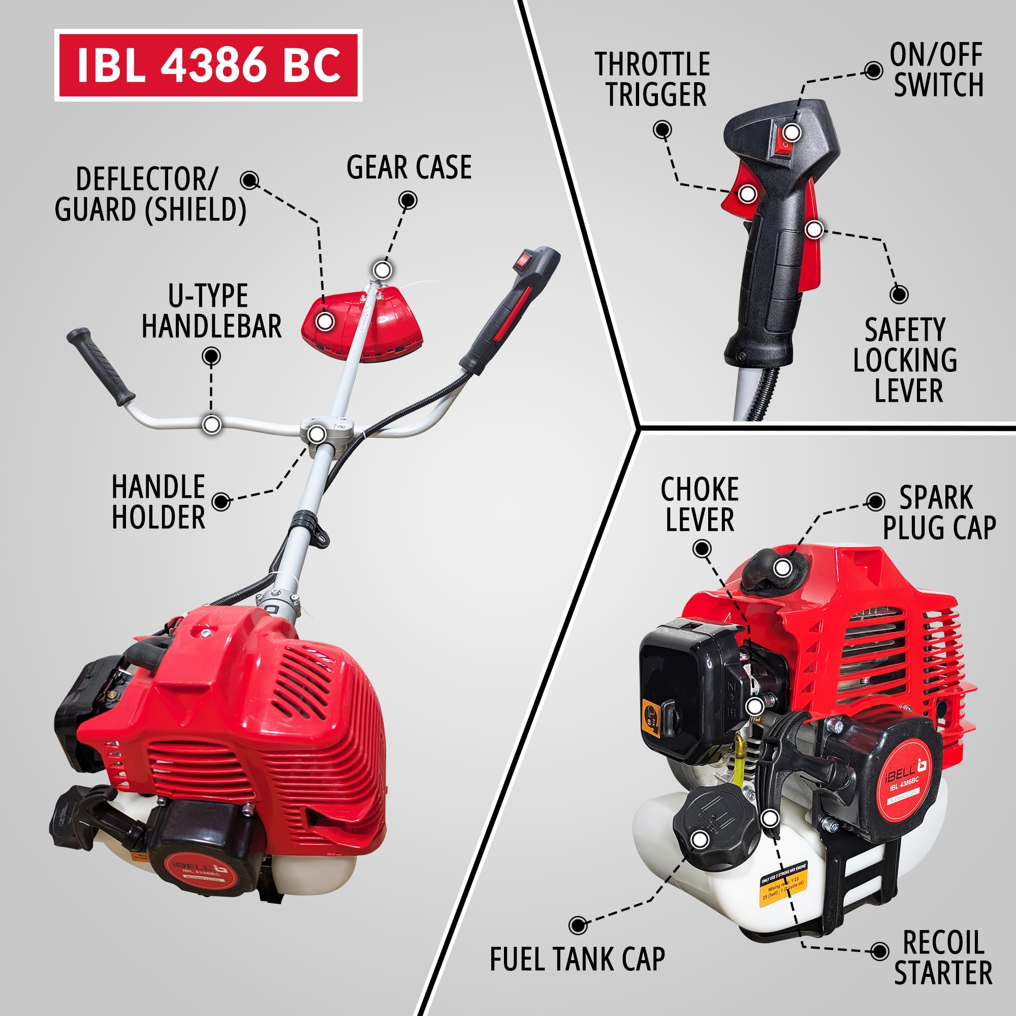 iBell Brush Cutter 4386BC 2-Stroke Gasoline Engine 2KW Power,  3000±200 RPM Idle, 7000 RPM Max Ideal for Power Tools, Garden