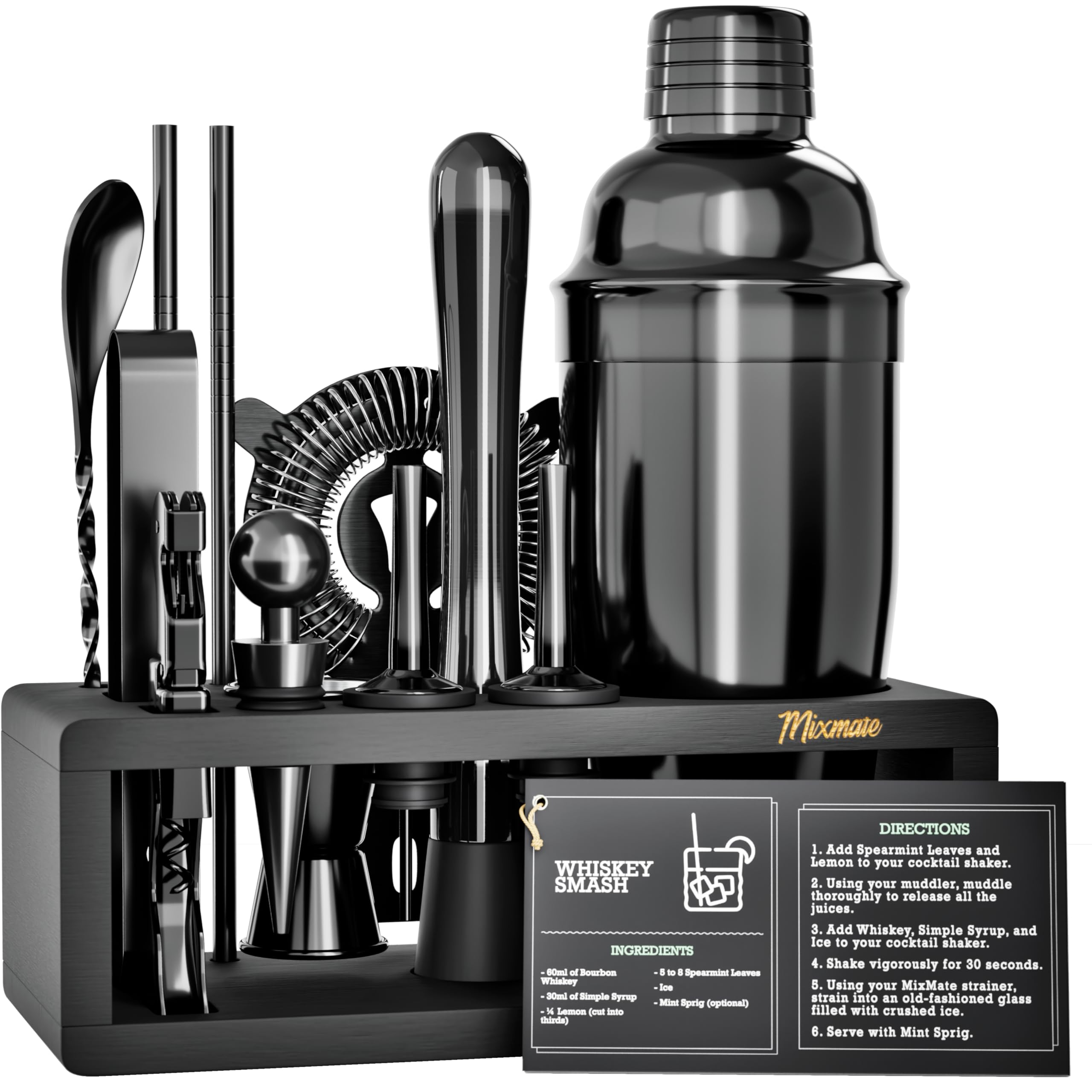 Juego de coctelera de acero inoxidable negro con soporte de madera, kit de camarero de 15 piezas con coctelera, cuchara de bar, medidor, mortero, colador, abridor de botellas, tapón, boquilla de