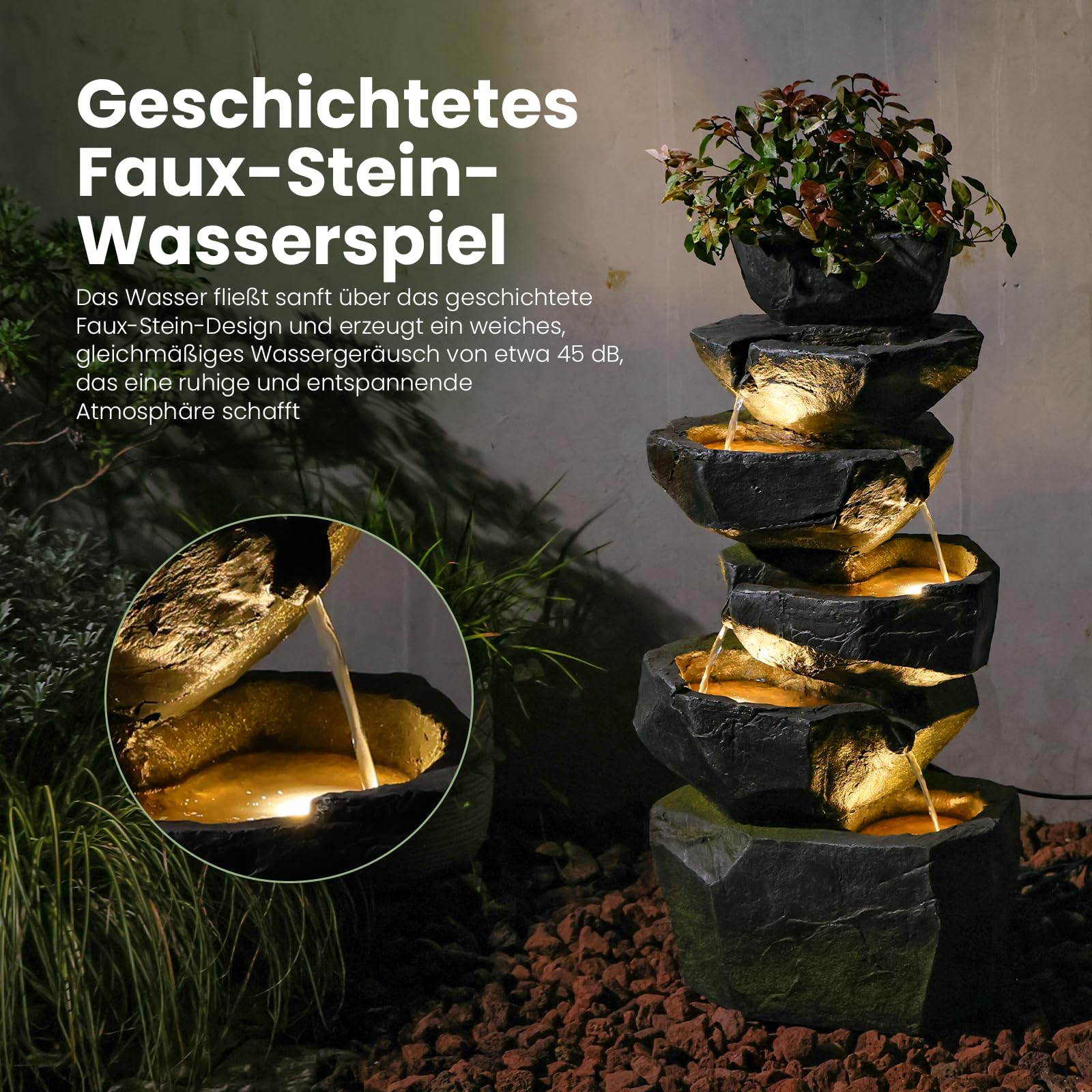 Sunlinua Gartenbrunnen aus Kunstharz in Steinoptik mit LED-Wasserfall-Design, geeignet für Terrasse, Balkon, Garten und Eingangsbereich, 34L × 22B × 70H cm | Grau