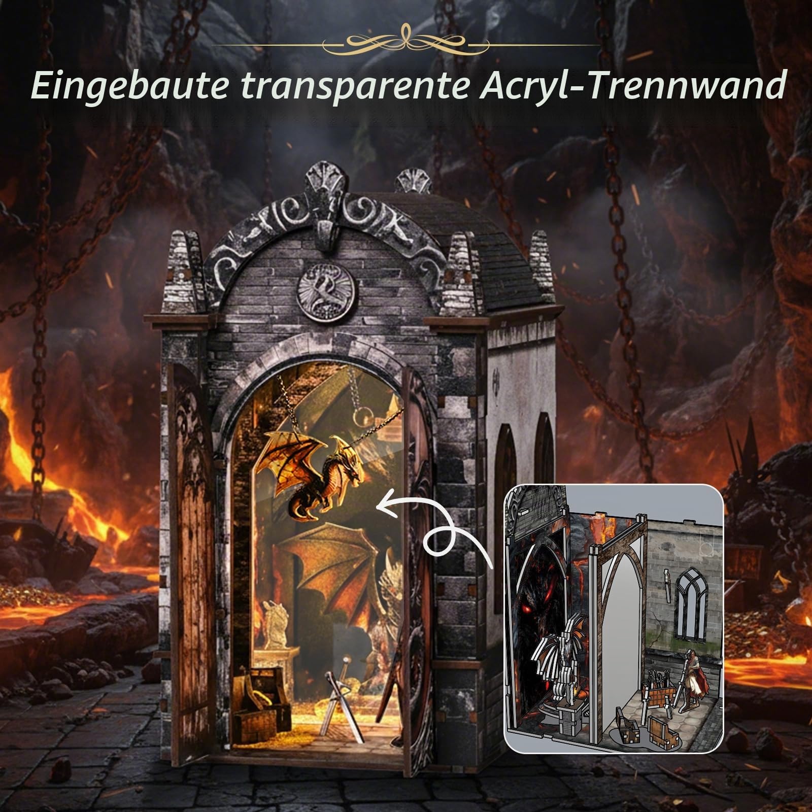 Book Nook Kit–Drachenschatz Labyrinth Modell, 3D Holzpuzzle zum Selberbauen mit LED-Beleuchtung, Bastelset für Bücherregal-Dekoration für Erwachsene und Jugendliche