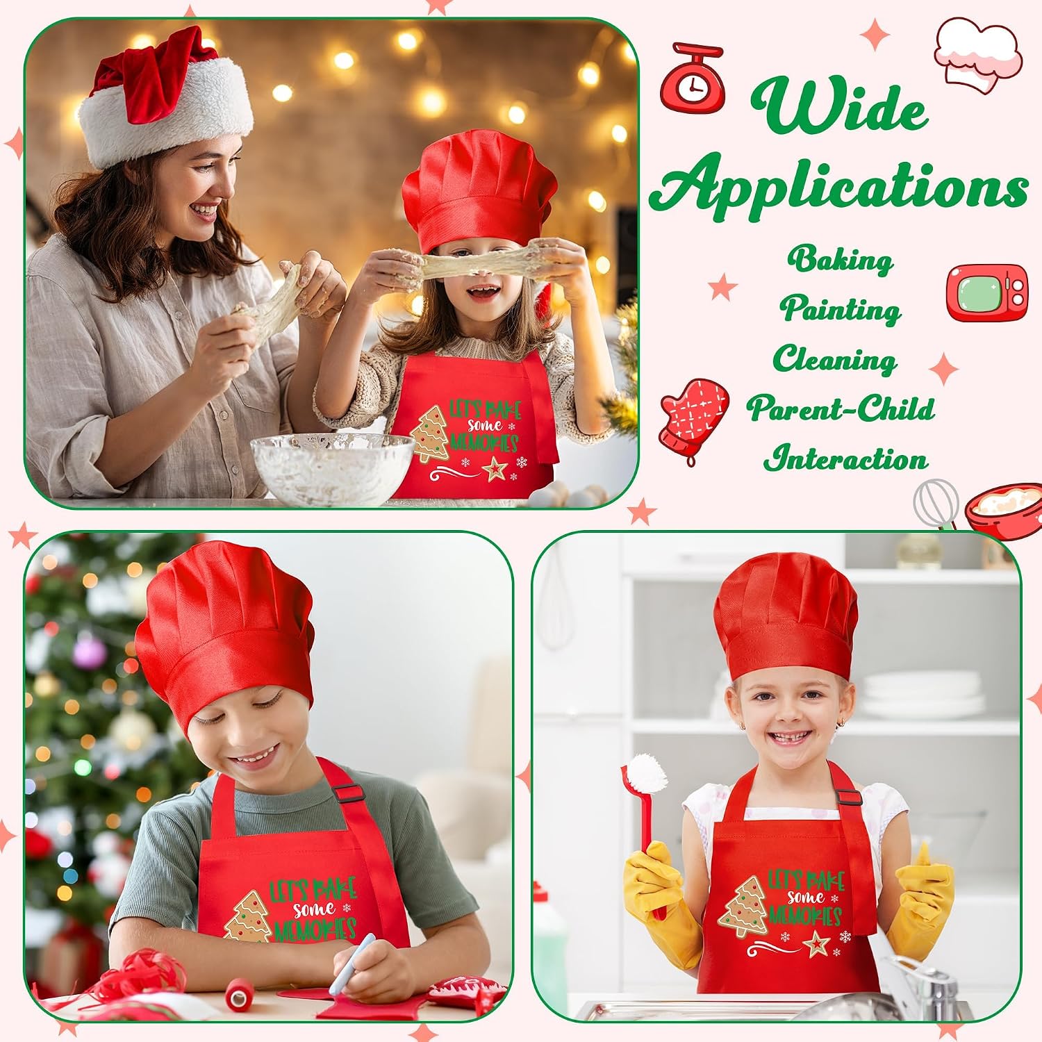 R HORSE Christmas Kid Apron and Chef Hat Set, 2Pcs Adjustable Children Xmas Red Kitchen Apron Dress up Role Play Chef Toy Cooking Baking Painting and Training Kits Christmas Gift for Kids