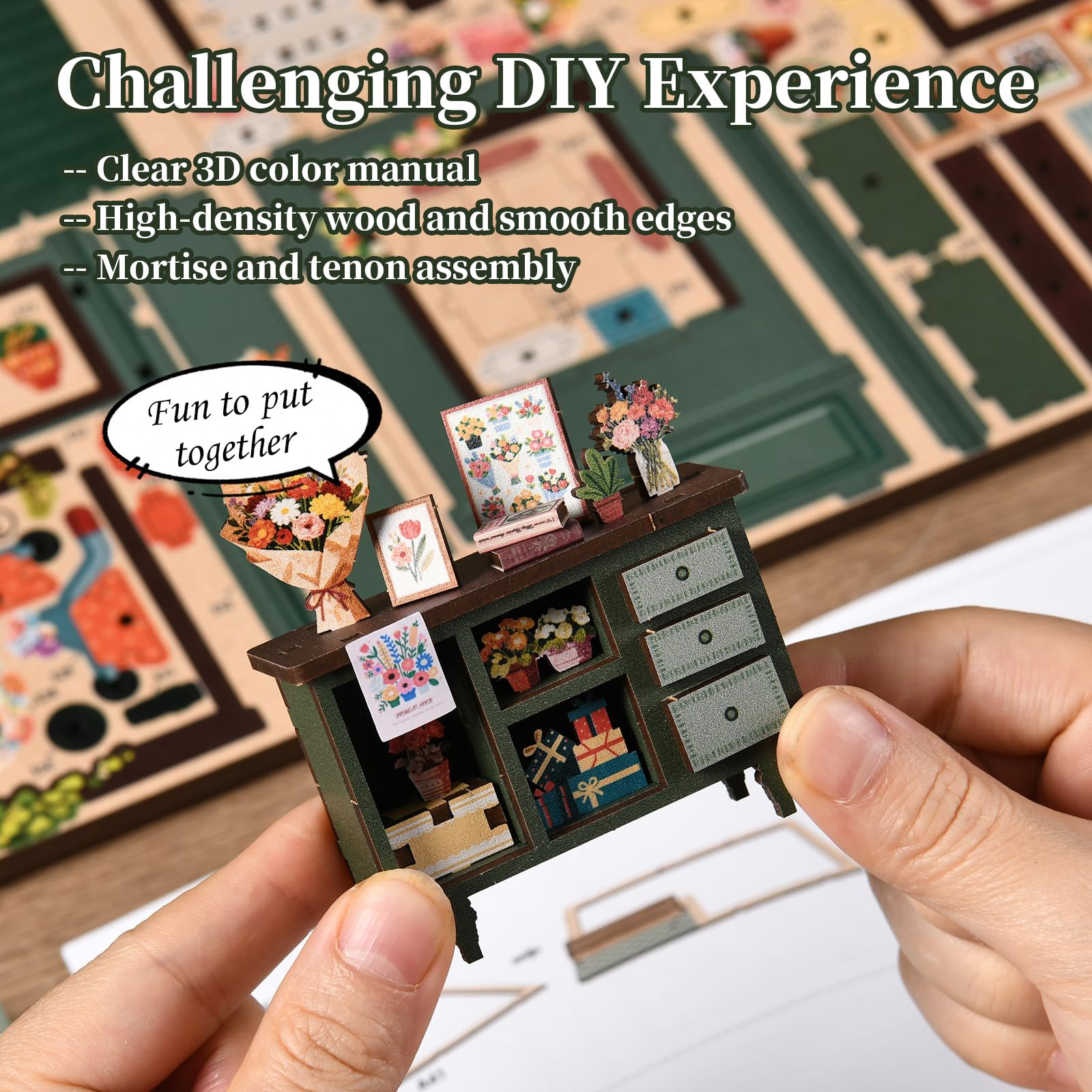 Kit fai da te in miniatura per adulti e ragazzi, decorazione per la casa con scena di negozi di fiori, mini decorazione per la casa, con interruttore touch, puzzle in legno 3D regalo per gli