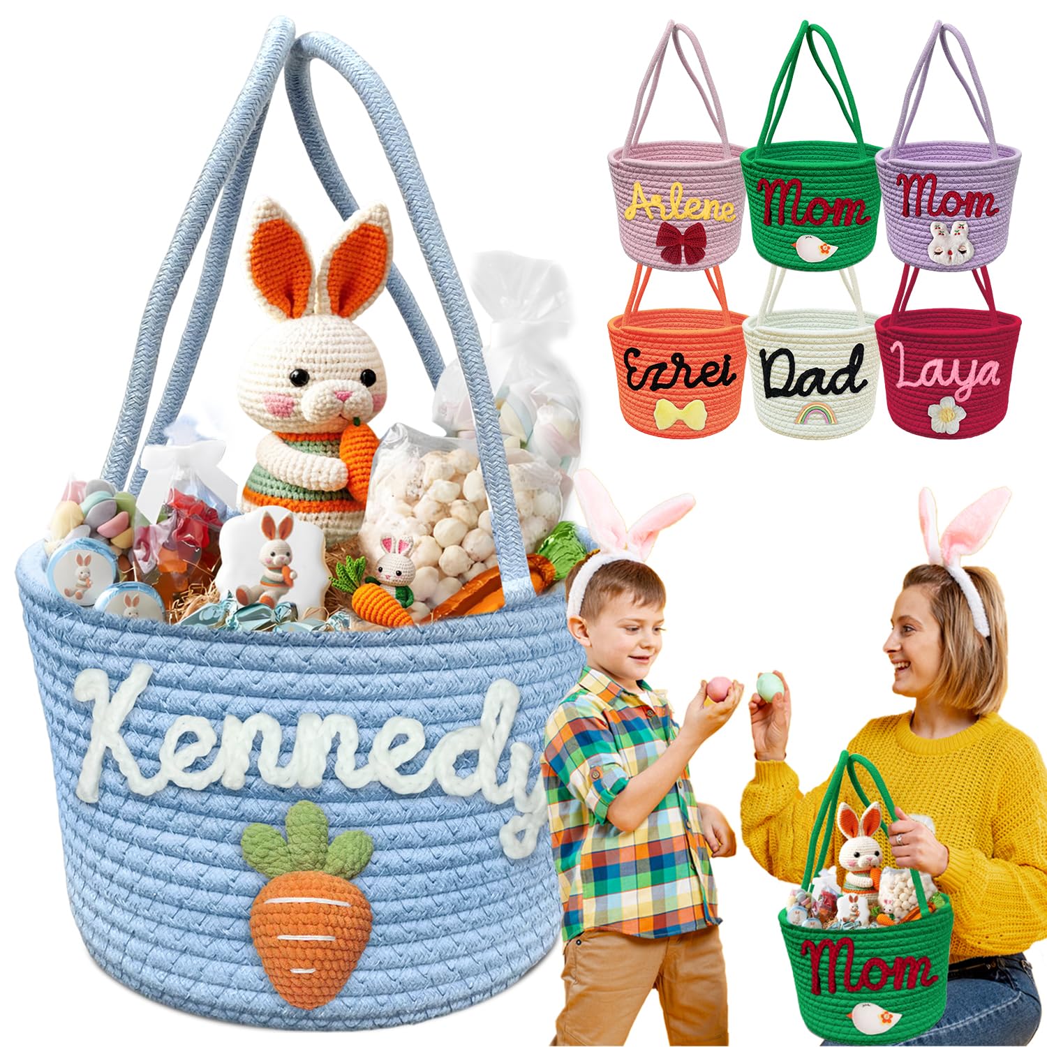 Personalized Easter Basket Custom Name Easter Egg Hunter Bucket Customized Easter Gift(Blue)