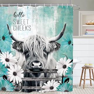 Yookeb Highland Cow Bull Bathroom Shower Curtain 60W by 71H Inch Farmhouse Farm Rustic Western Country Teal Turquoise Daisy Abstract Animal Polyester Fabric 12 Plastic Hooks Waterproof Decor