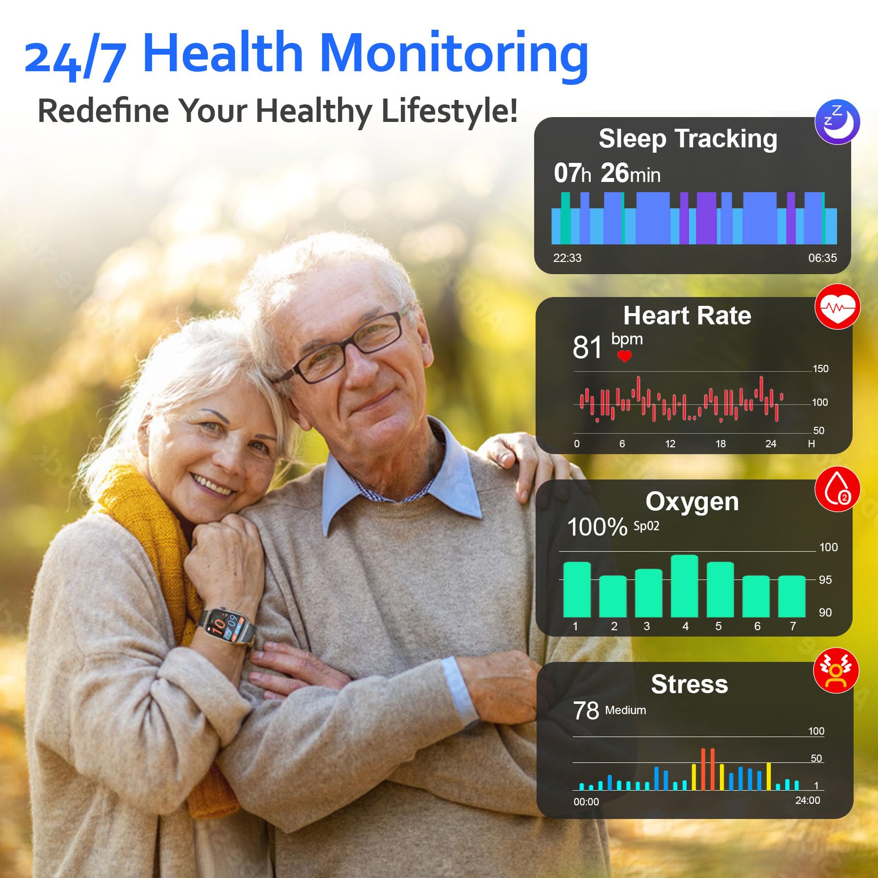 AI Smart Watches for Men Women - 1.87'' Health Monitor Watch with Heart Rate, Blood Pressure, Blood Oxygen, Sleep & Stress Track, 100+ Sports Modes, IP68 Waterproof Fitness Watch,Black