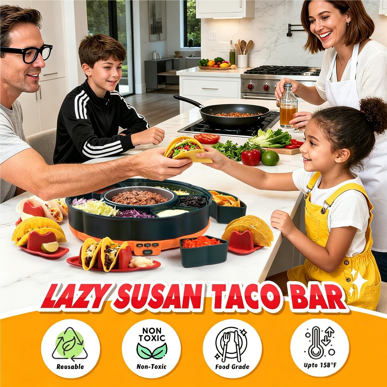 Mothdust Server Buffet Taco Vassoio Girevole Riscaldato con Ciotole Condimento Rimovibili Mantiene Carne Calda e Organizza Ingredienti per Cena Famiglia Fiesta