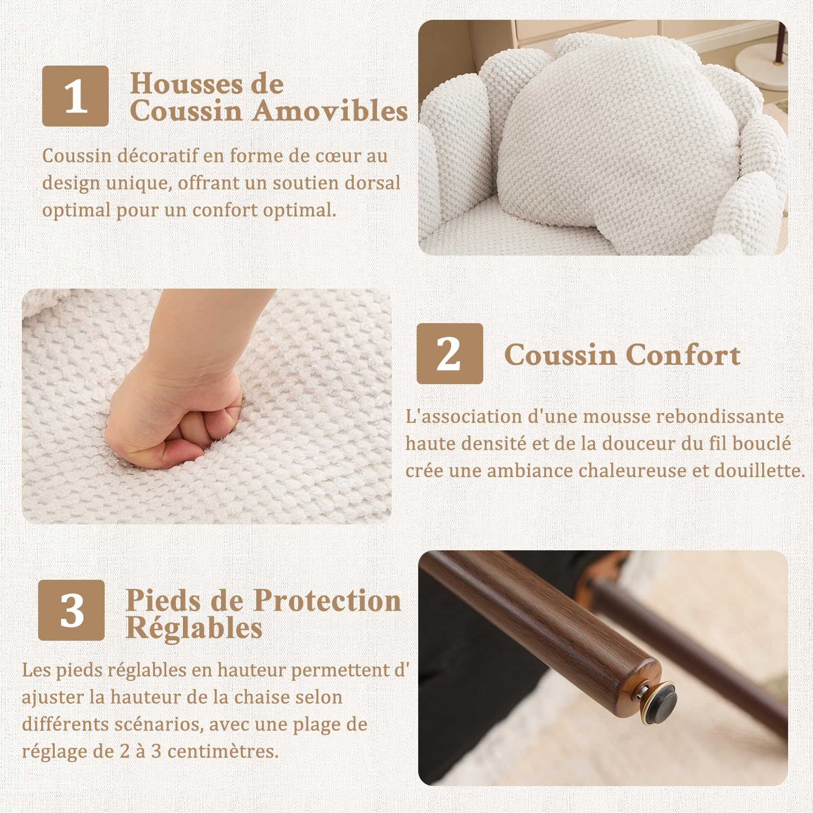Fauteuil de Salon avec Coussin, Fauteuil Coiffeuse avec Dossier Pétale, Chaise Coquillage avec Pied Bois Chaise Coiffeuse Coussin Confortable pour Salon Bureau Chambre (Beige, Lot de 2)