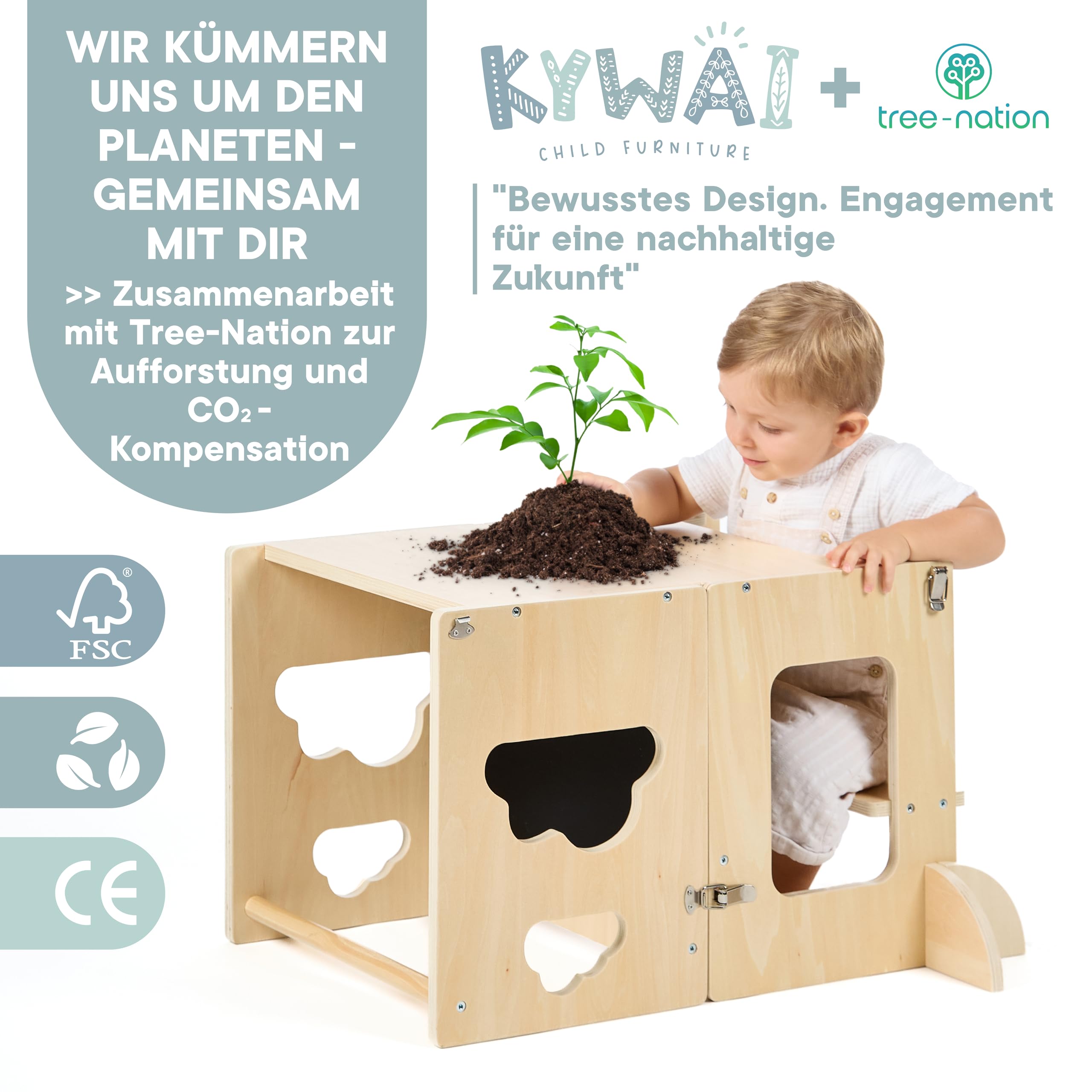 Lernturm ab 1 Jahr Klappbar mit Tafel – 3-in-1 Montessori Learning Tower, Tisch & Stuhl – Höhenverstellbar, Kippsicher, Birkensperrholz – Lernturm Kinder Küche bis 75 kg (Naturholz)