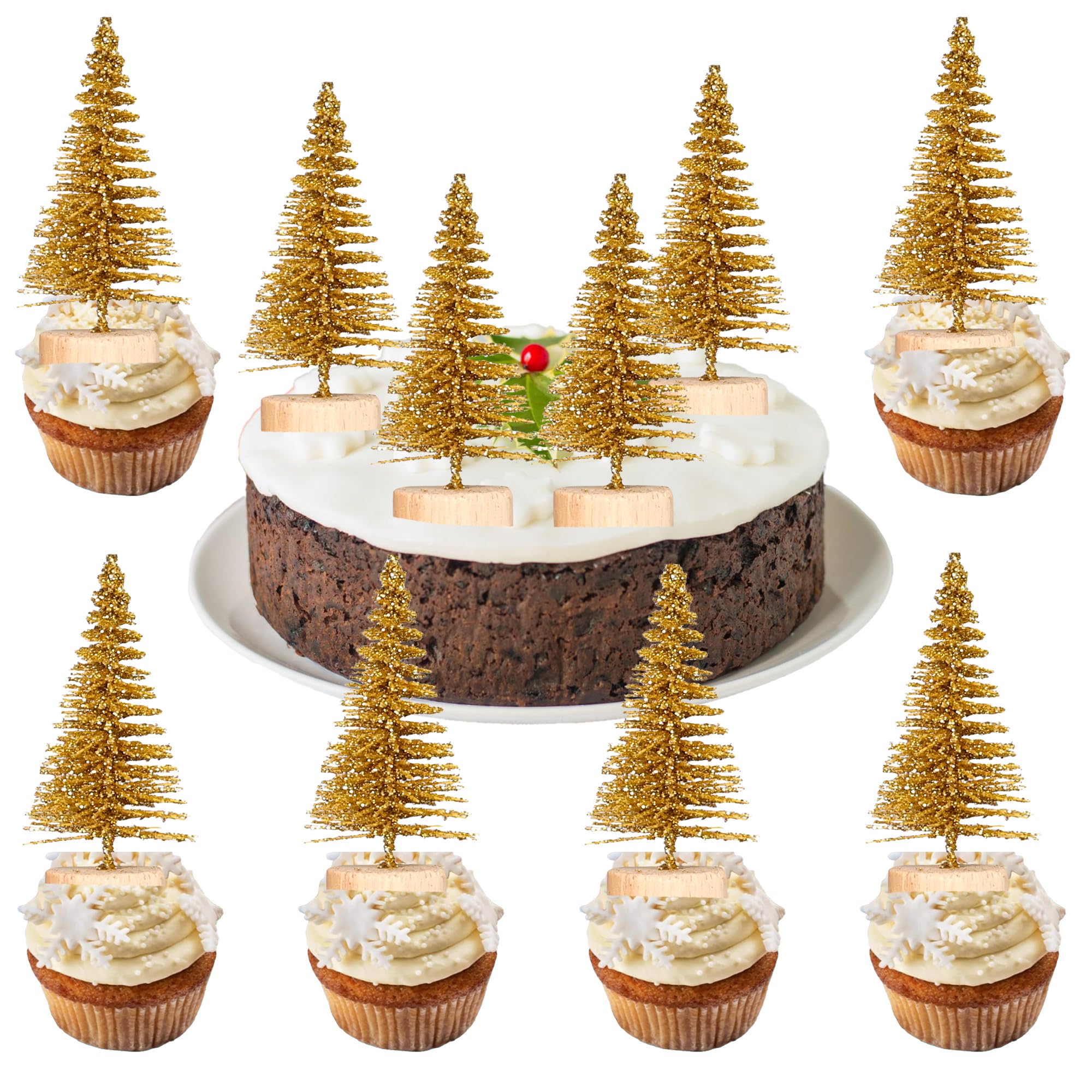Gyufise 12Pcs Mini Christmas Tree Cupcake Toppers 3D Mini Christmas Tree Cake Topper Decorations for Xms Birthday Winter Holiday Party Decoration Supplies Gold