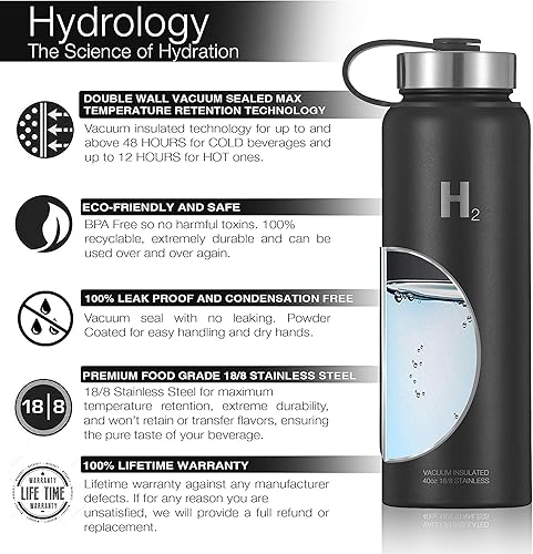 Miniatura 6 de Hydrology Adventure Edition - Botella para agua con 3 tapas, doble pared de acero inoxidable, aislamiento al vacío, boca ancha, termo caliente y