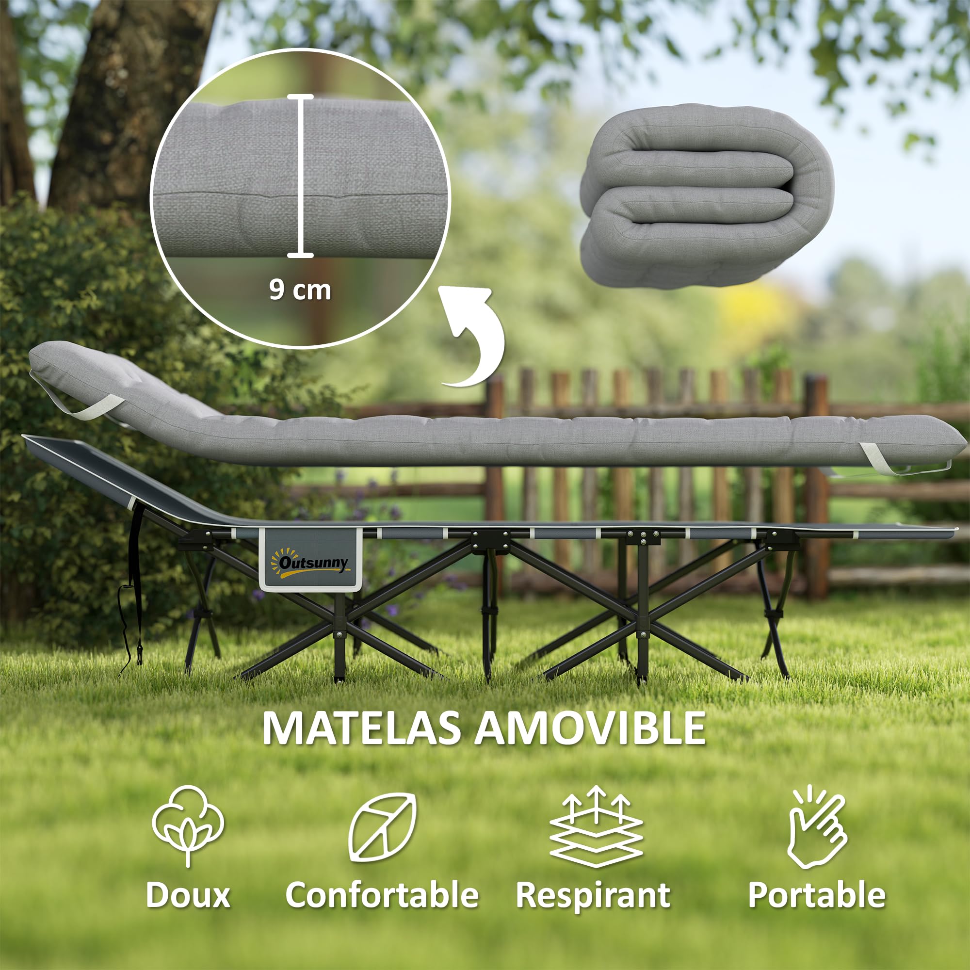 Outsunny Lit de Camping Pliable avec Matelas, Lit de Camp Pliant, Pochette latérale et Sac intégré, transat Chaise Longue en métal et Tissu Oxford, 185 x 68 x 37 cm, Charge 150 kg, Gris Clair