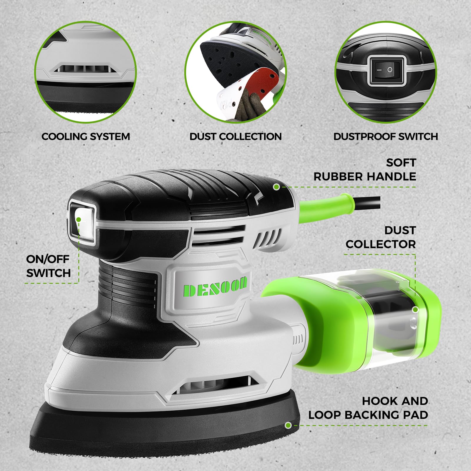 DESOON Levigatrice per Legno: 180W Multifunzione Levigatrice Elettrica 13000 RPM, 20PCS Carte Abrasive - per Levigare, Lucidare e Rimuovere in Falegnameria e DIY