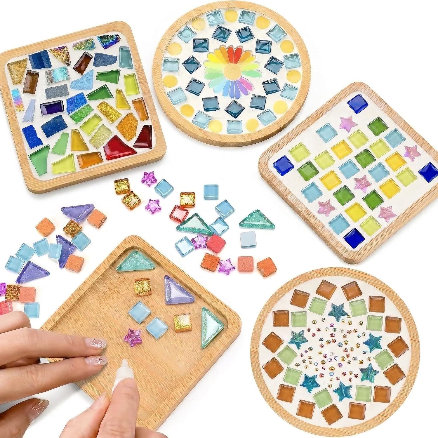 LANGIFT DIY Mosaic Coaster Making Kit for Adults & Beginners | Glass tiles and wooden bases. Grout included Set; family crafts, handmade gifts, Christmas ornaments, home decor