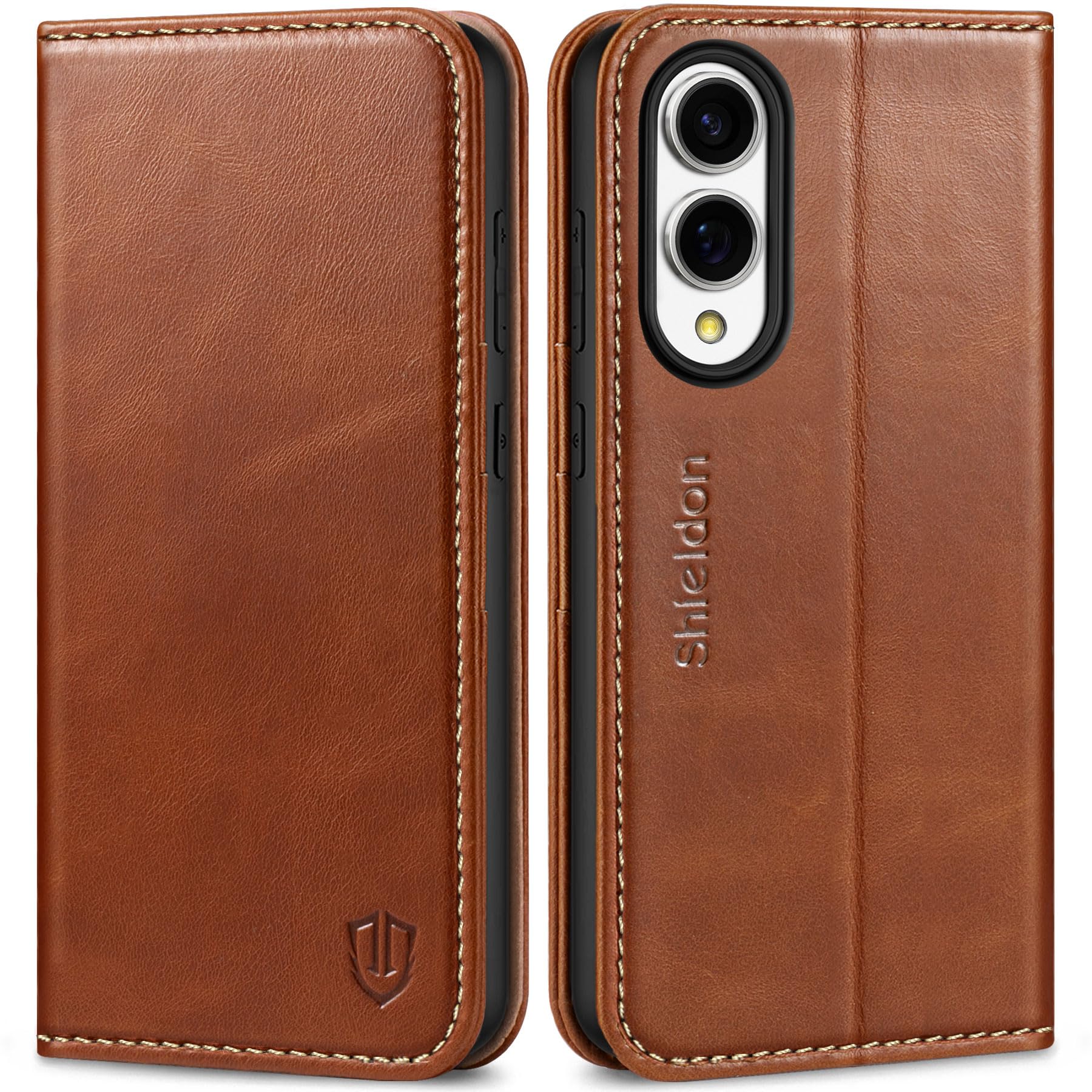 SHIELDON Case for Galaxy S25 Edge 5G, Genuine Leather Folio Wallet Magnetic Kickstand RFID Blocking Card Slots Shockproof Full Protection Cover