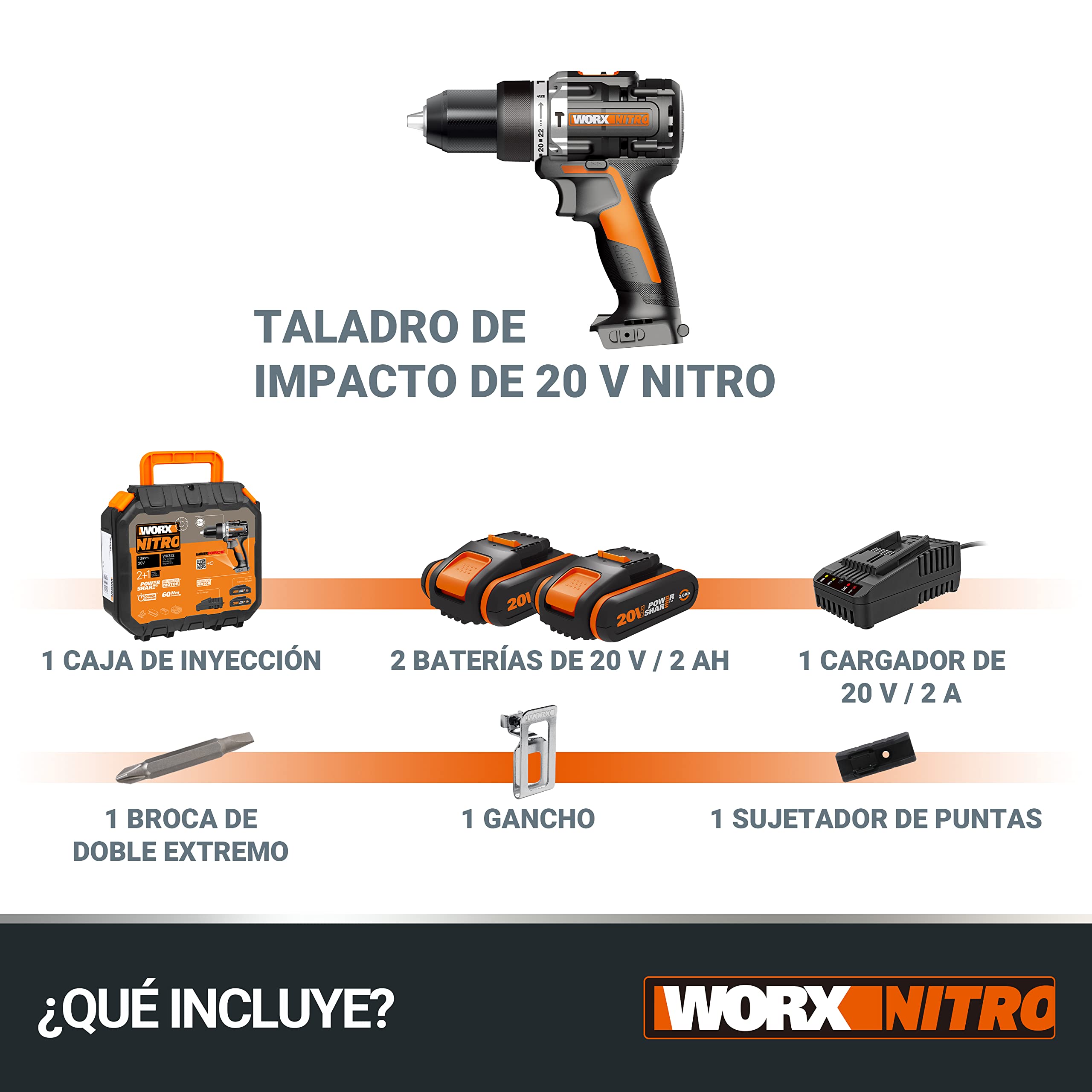 WORX Taladro Percutor a batería 20V Máx | WX352 | Motor sin escobillas | Power Share | 2 baterías de 2Ah | Cargador y maletín | Portabrocas metálico, carcasa de engranajes metálica