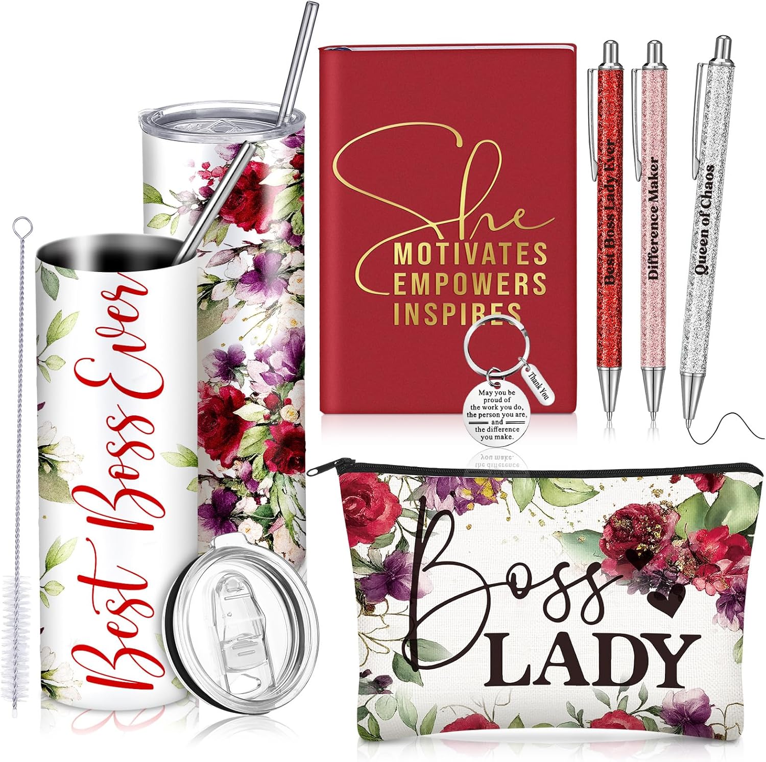 Skylety 7 Pcs Boss Lady Gifts Set for Women, Best Boss Ever Gift Idea 20 oz Stainless Steel Tumbler Makeup Bag Notebook Keychain Ballpoint Pens, Thank You Gifts for Female Leaders(Gray Blue)