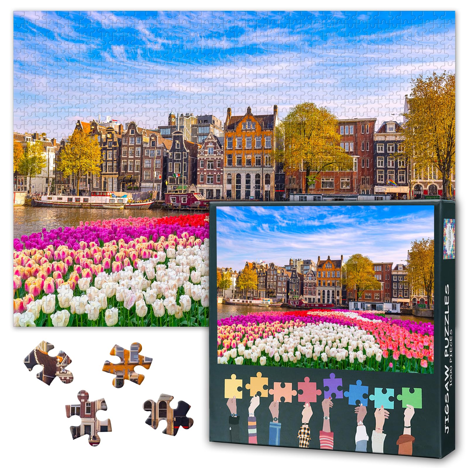 1000 Piece Jigsaw Puzzle - Amsterdam Netherlands Landscape 50x70cm, City Skyline at Canal Waterfront with Spring Tulip Flower Unique Gift for Adults Art