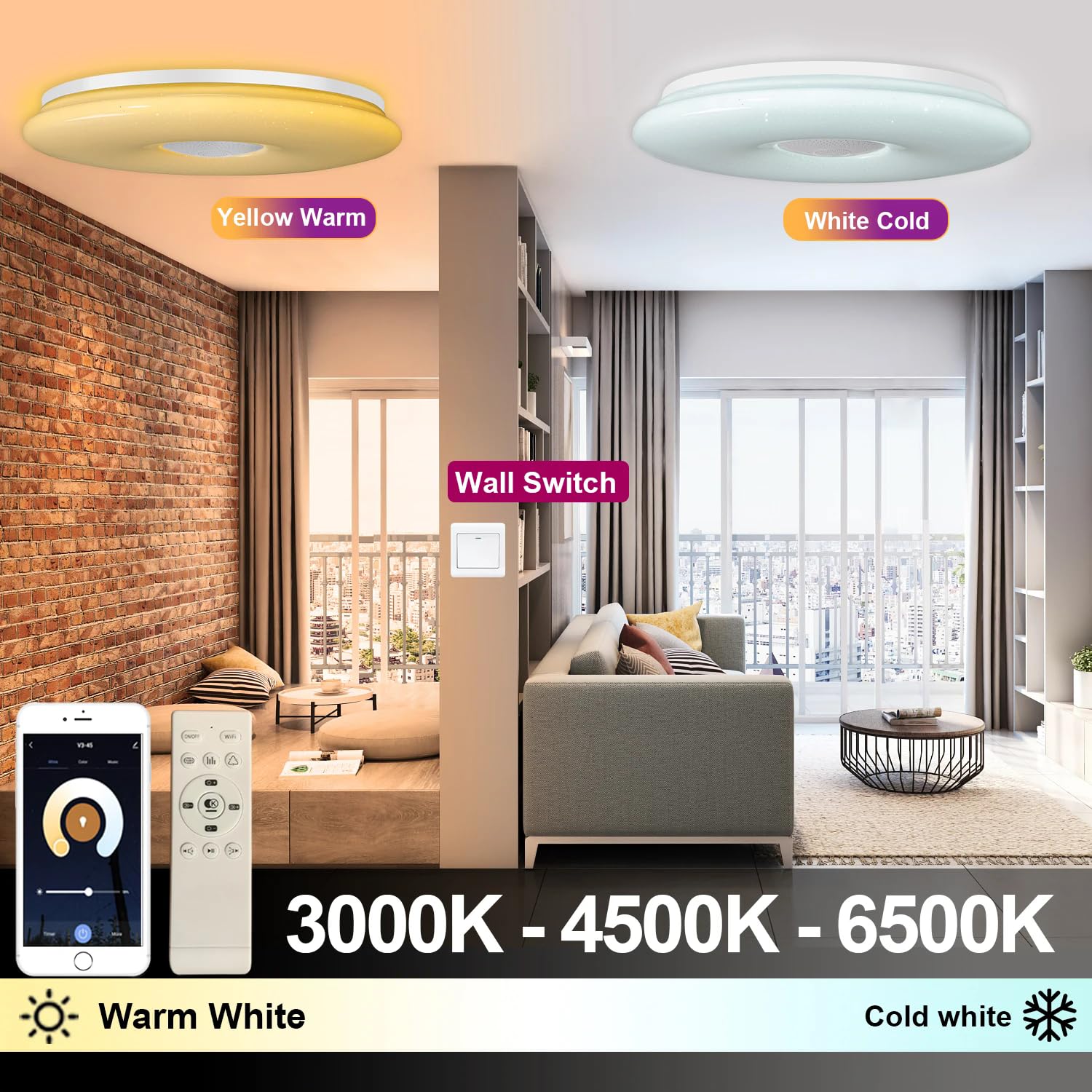 Lampy sufitowe Google Home Alexa z głośnikiem Bluetooth Nowoczesna lampa LED z pilotem Możliwość ściemniania do sypialni, kuchni, łazienki, dziecka