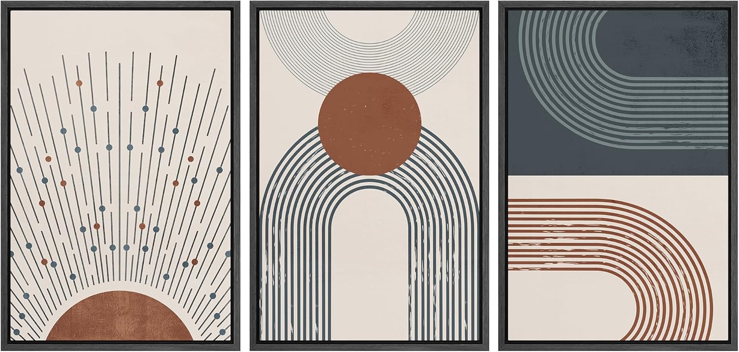 NWT Framed Canvas Print Wall Art Set Mid-Century Modern Sun with Rays Geometric Circle Abstract Shapes Illustrations Modern Art Decorative Minimalist Multicolor for Bedroom - 16"x24"x3 Black
