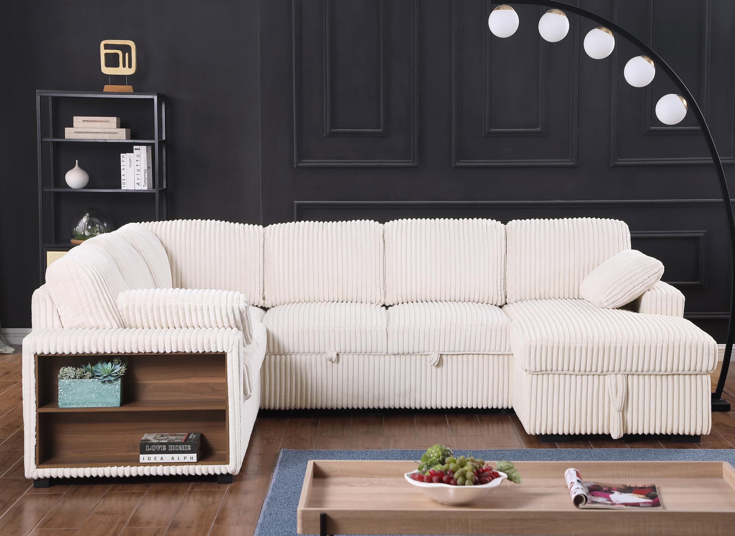 6 Seater Oversized U Shaped Sleeper Sectional Sofa Pull Out Couch Bed Comfy Corduroy Upholstered Convertible Pullout Lounge