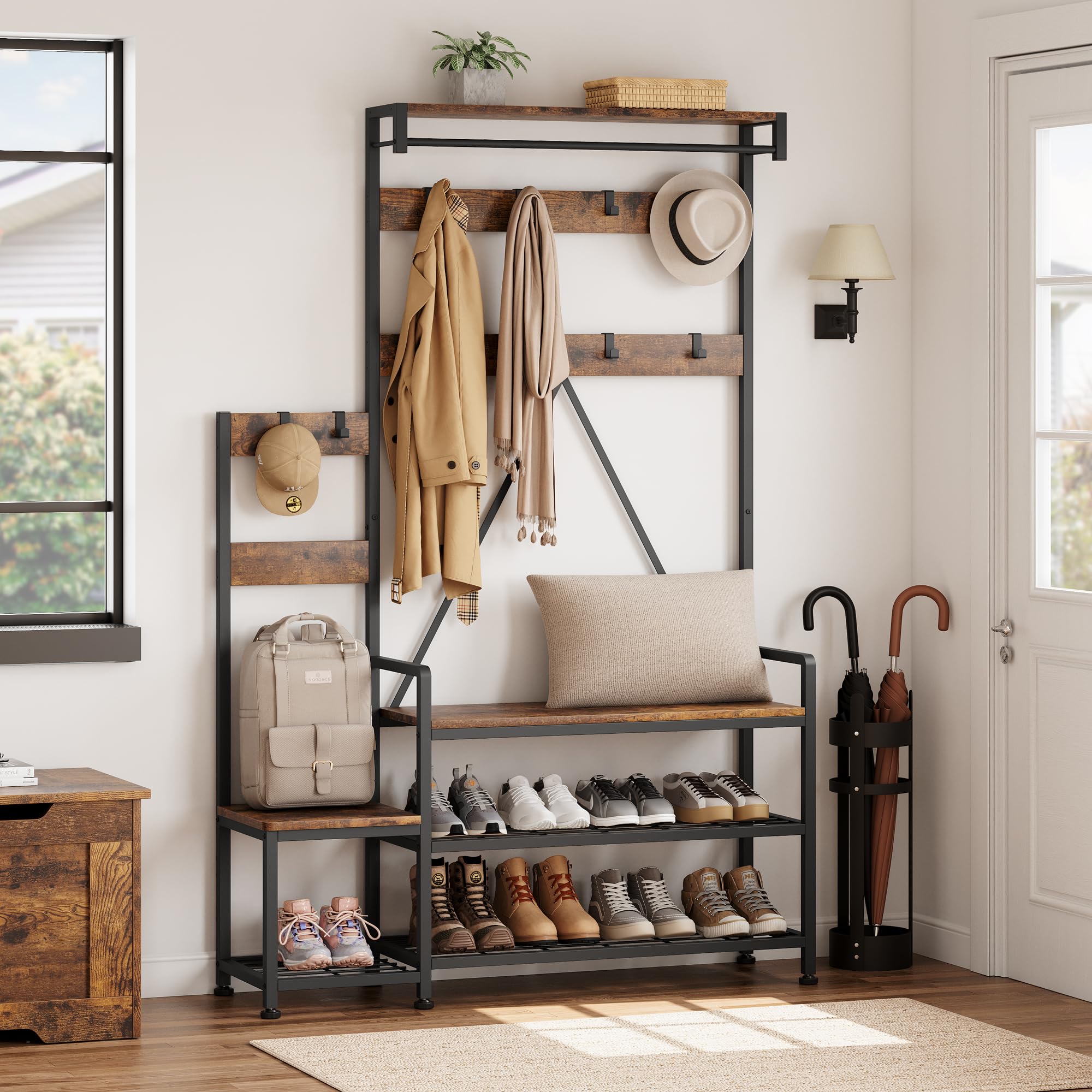 AffinityFurn Industrial Hall Tree Coat Rack with Shoe Storage Bench, Hanging Bar, Storage Cubbies, Top Shelf, Freestanding Metal Entryway Organizer for Hallway, Entryway, 30x113x180 cm(Brown)