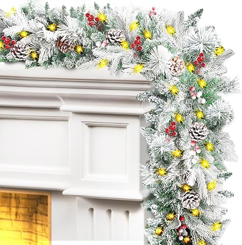 Guirnalda de Navidad de 9 pies con luces y temporizador, guirnalda de nieve de Navidad preiluminada para decoración de Navidad al aire libre con
