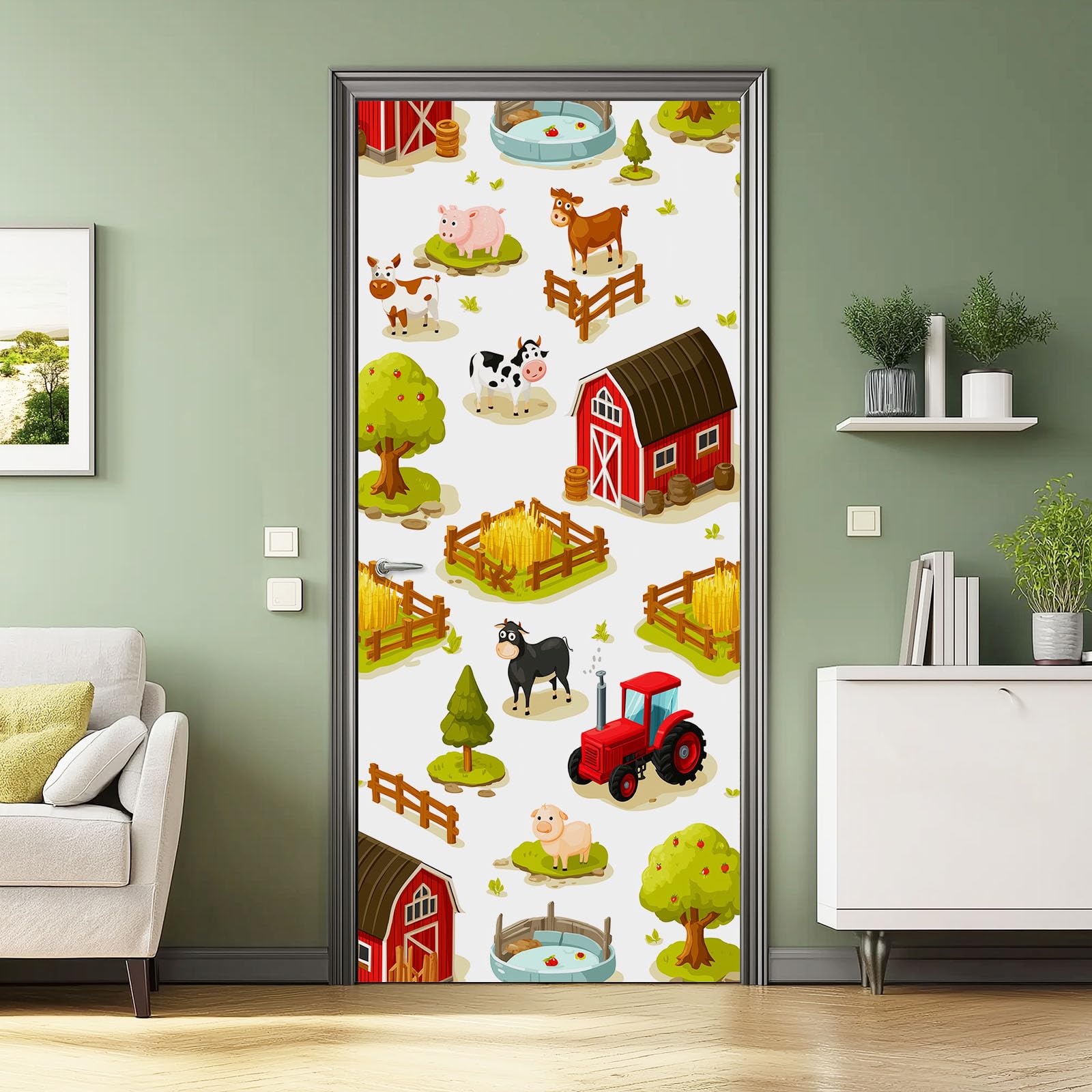Biała kreskówka, stodoła, folia na drzwi, plakat na drzwi, plakat 80 x 210 cm – wodoszczelna, zdejmowana naklejka na drzwi z PCW, śliczna naklejka na drzwi z motywem zwierząt gospodarskich