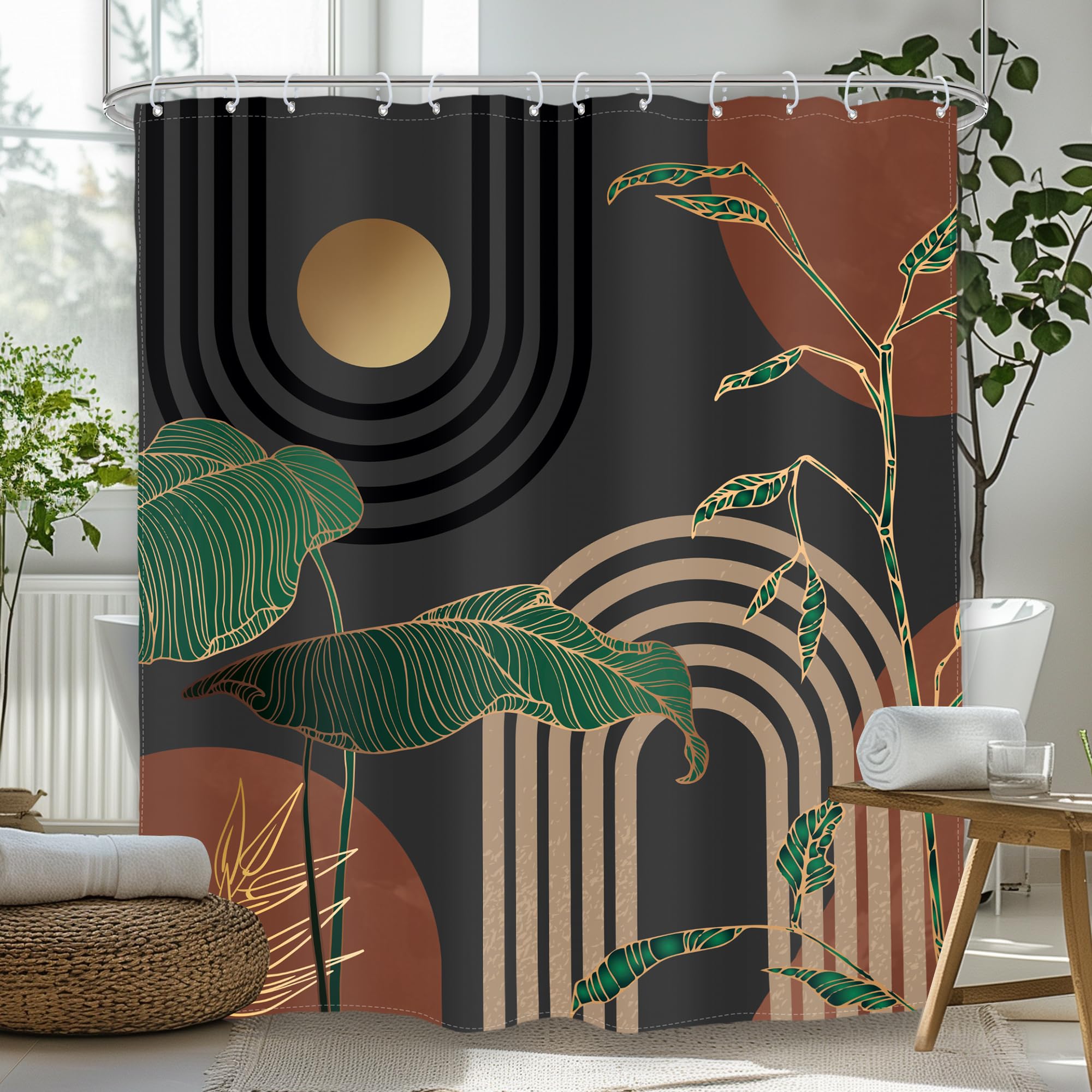Glawry Dark Brown Mid Century Shower Curtain 60Wx72L Inches Boho Abstract Retro Tropical Palm Leaves Modern Bathroom Aesthetic Bath Accessories Art